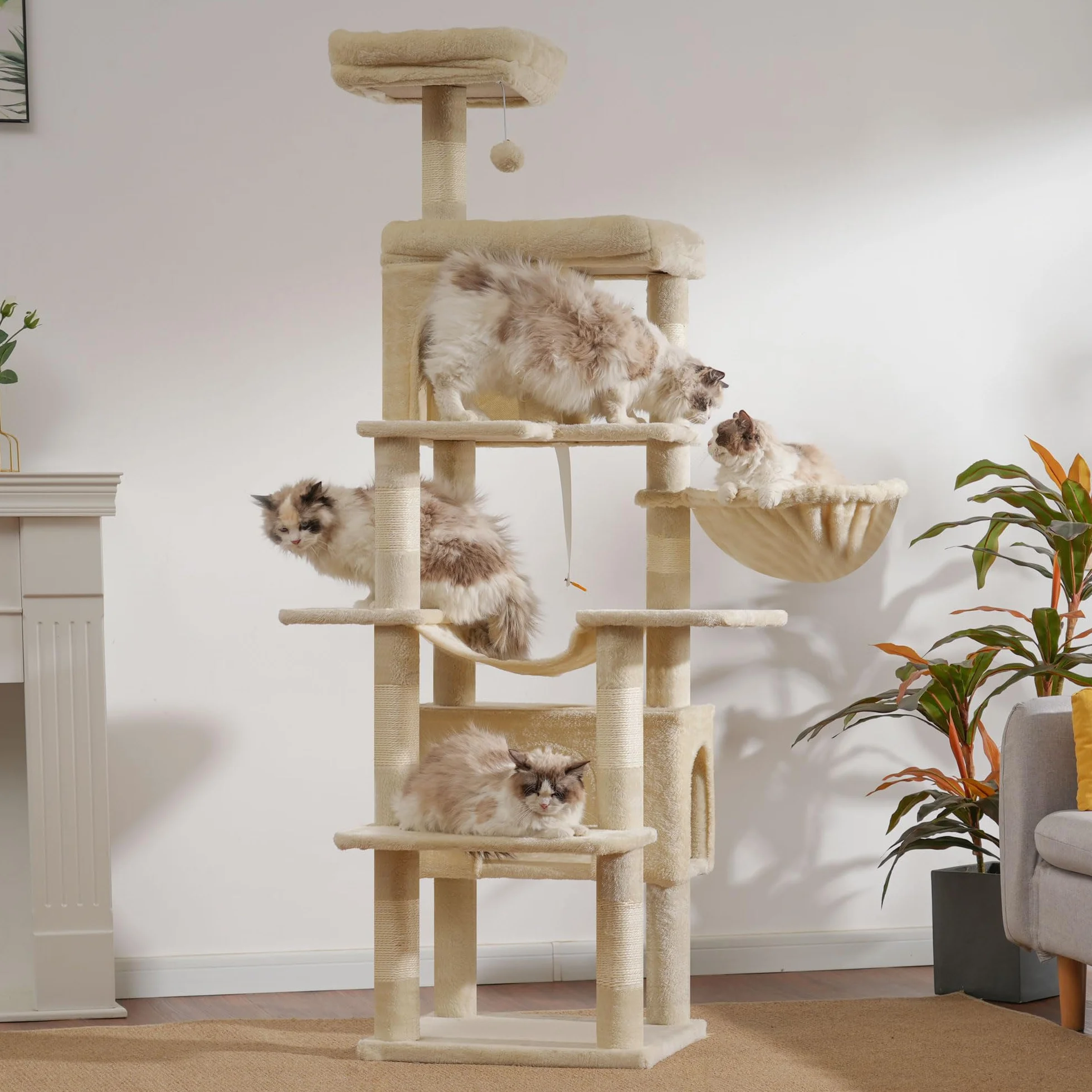 Heybly Cat Tree, 178 cm Wysokości, Drapak Dla Kotów Domowych, Drapak Dla Kota Z 8 Drapakami, 2 Jaskiniami, 2 Platformami, Hamakiem, Koszem, Pluszowym Baldachimem, Beżowy HCT036M