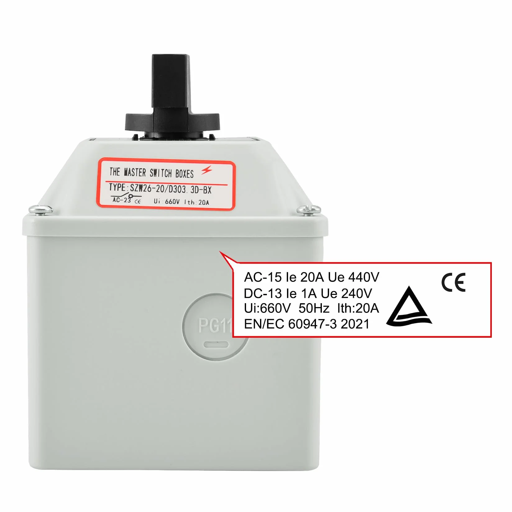 Heschen Uniwersalny przełącznik przełączający krzywki obrotowej SZW26-20/D303.3D-BX 660V 20A 3-pozycyjny 3-fazowy 12 zacisków CE z przełącznikiem głównym skrzynka zewnętrzna LW28-20/4 (Bigger Box)