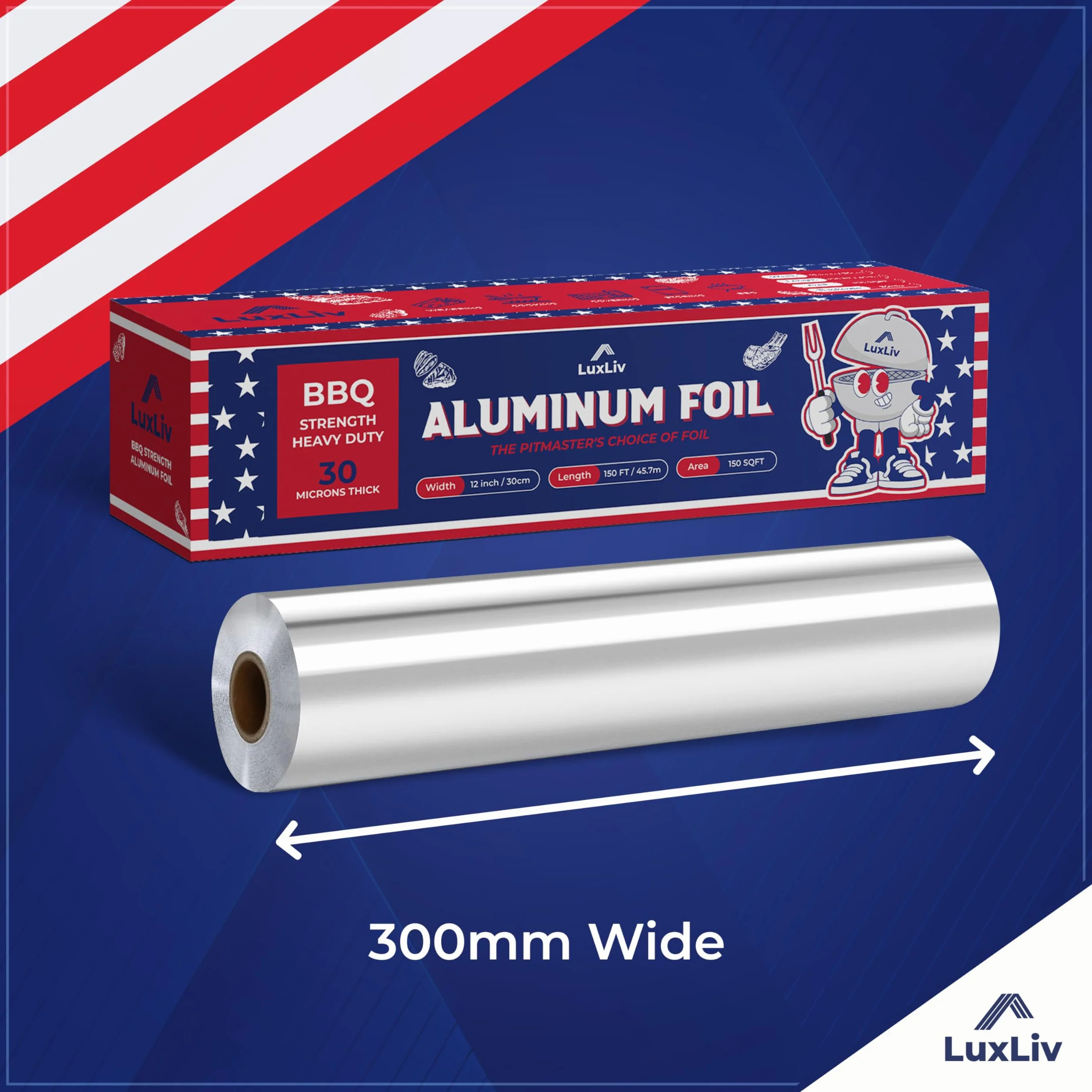 BBQ 30 mikronów aluminiowa wytrzymała folia blaszana rolka – 30 cm szerokości x 30 stóp długości, 150 m2 – klasa grillowania i bardzo gruba, wystarczająco mocna dla przemysłu gastronomicznego z nożem