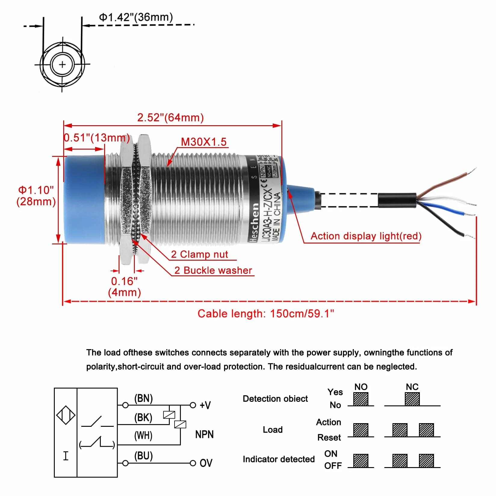 Heschen Pojemnościowy przełącznik czujnika zbliżeniowego M30, typ nieochronny, LJC30A3-H-Z/CX, detektor 1-15 mm, 10-30 VDC 200 mA, NPN NO+NC, 4 przewody