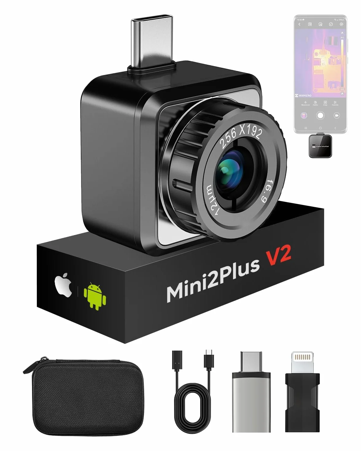 HIKMICRO Mini2PlusV2, kamera termowizyjna z ręcznym ustawianiem ostrości, kompatybilna z systemami iOS i Android, rozdzielczość SuperIR 256 x 192px, 25 Hz, USB-C/Lightning (obsługuje iPhone 15)