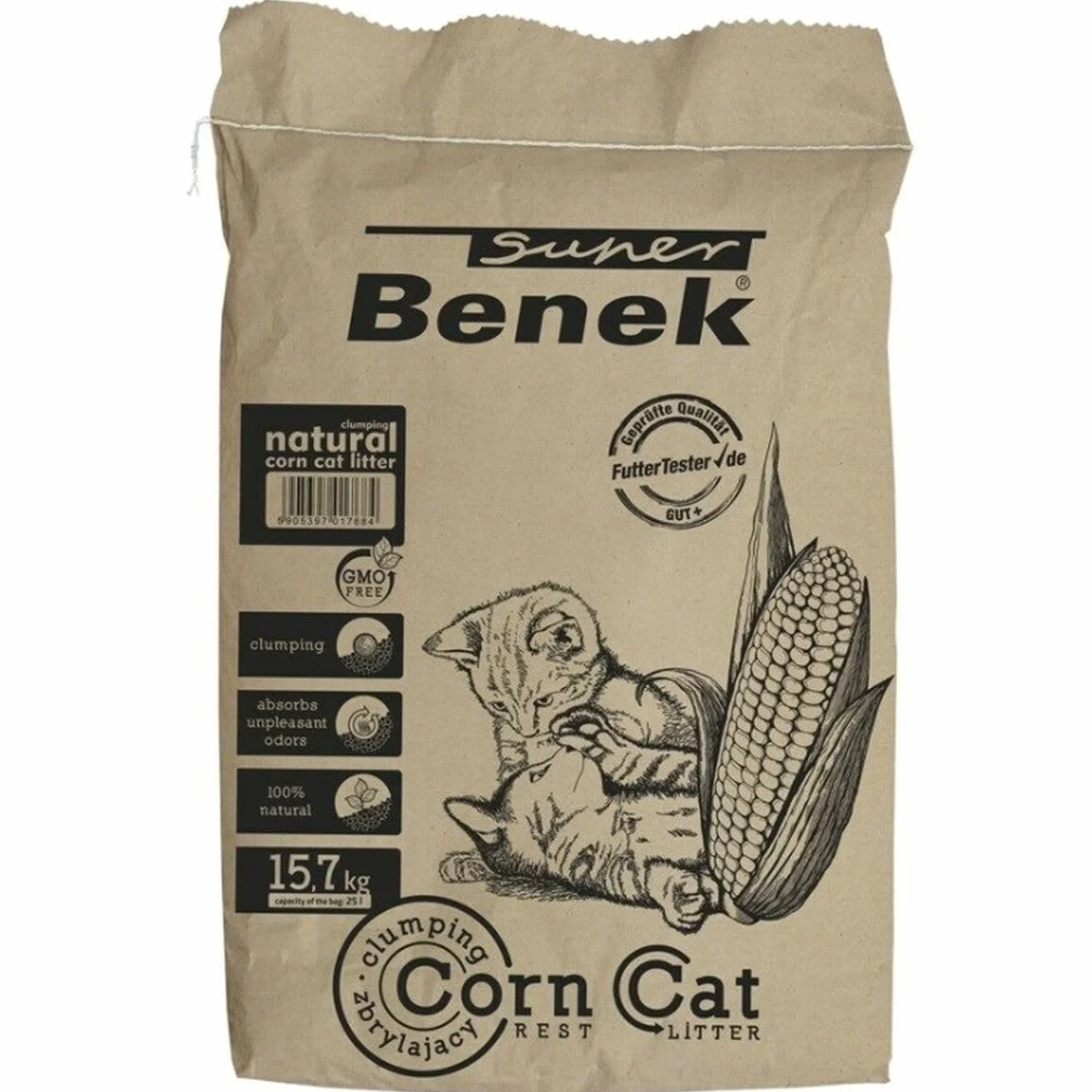 Super Benek Corn Cat Classic Naturalny, Biodegradowalny Żwirek Roślinny Dla Kotów i Małych Zwierząt 25L / 15.7kg