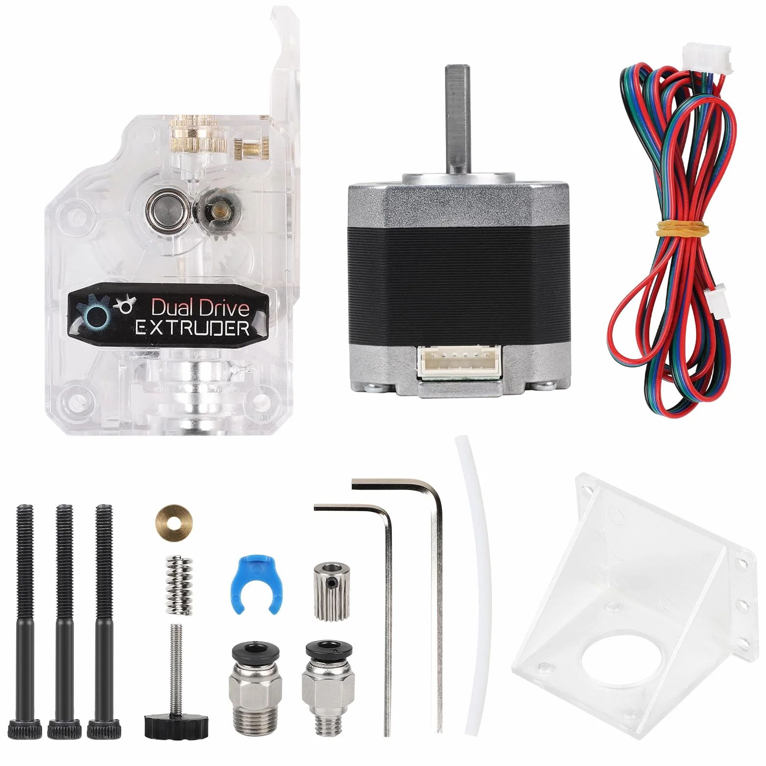 EFUTURETIME Dual Gear Bowden wytłaczarka przezroczysta zestaw z silnikiem krokowym Nema 17, 2 fazy, 4 przewody, 1,8 stopnia, do drukarki 3D Anycubic Tevo Tornado CR10, do drukarki 3D 1,75 mm, PLA, ABS