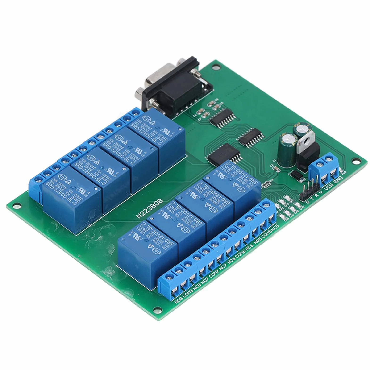 Moduł przekaźnikowy DC 12V 8-kanałowy PCB N223B08 z interfejsem szeregowym i LED do systemu zdalnego sterowania