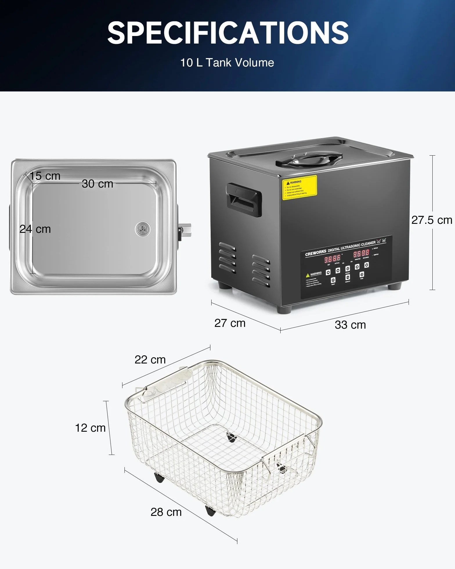 CREWORKS 10L Cyfrowa myjka ultradźwiękowa z trybem degazacji i łagodności, 240W Profesjonalna ultradźwiękowa maszyna czyszcząca z grzałką i timerem, do biżuterii, części samochodowych więcej