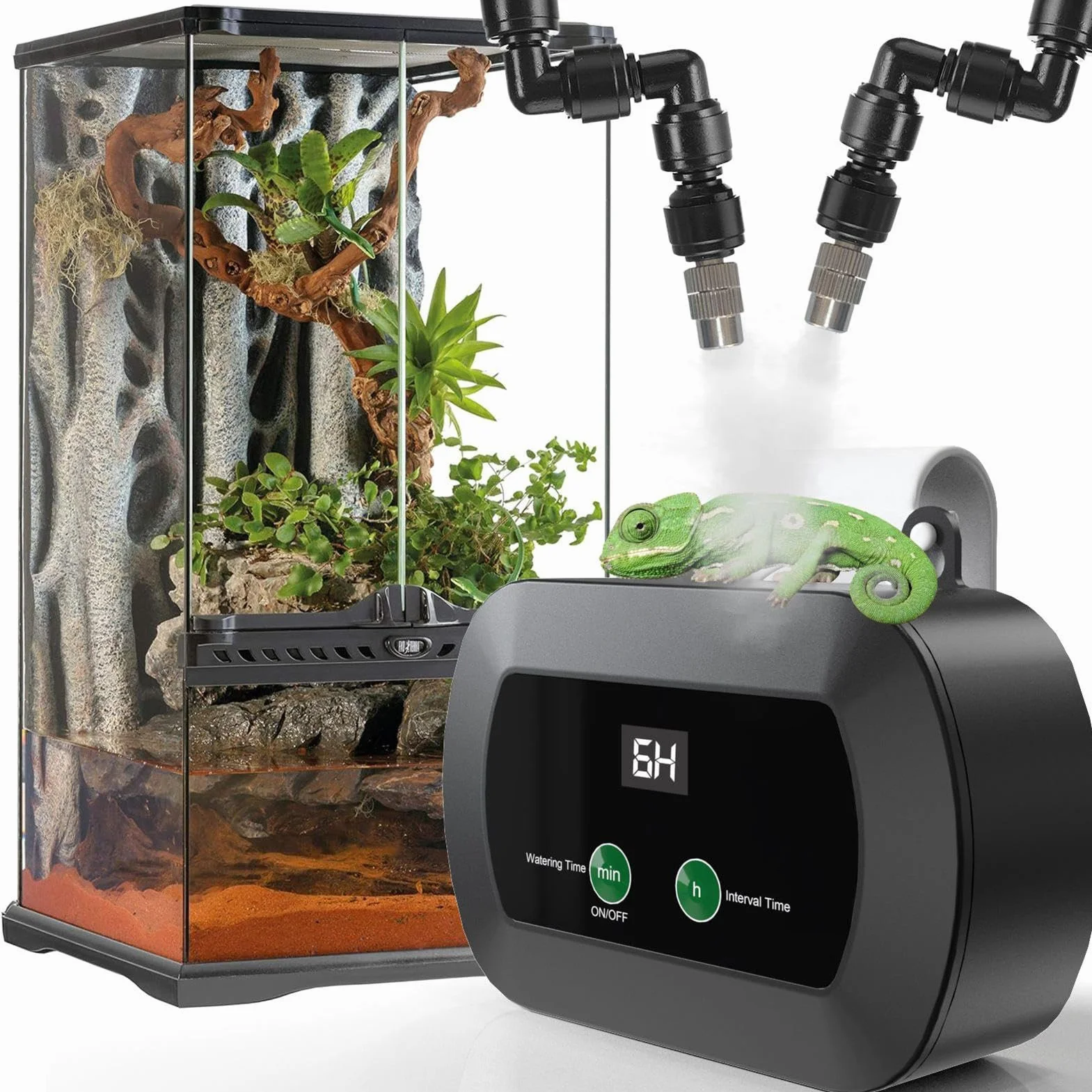 Reptile nawilżacz powietrza, automatyczny system Mister, regulowany dysze 360°, wbudowany timer, ultracienki tłumik, konsystencja zbiornika, idealny dla amphibians, żab, żab, kameleonów, Abs 11,5 x