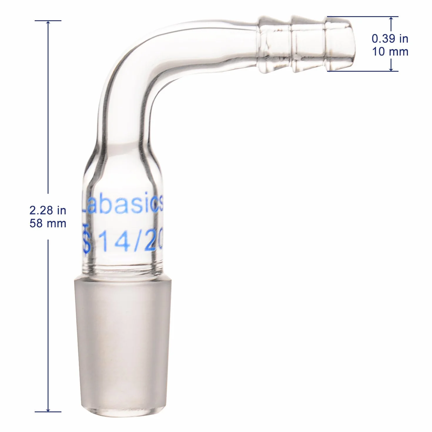 Labasics Szklany adapter 90° z 14/20 męski przegub i 8 mm przyłącze węża