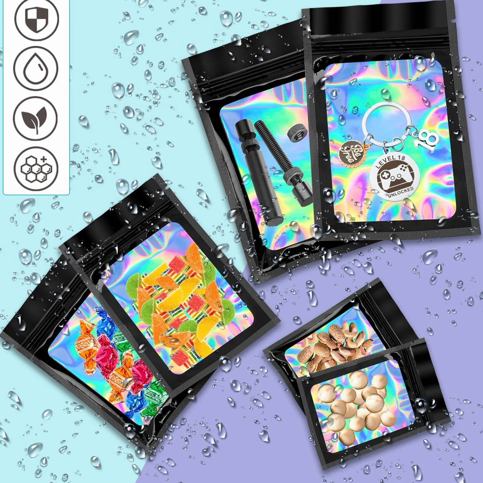 60 sztuk odpornych na zapachy torebek z mylaru, 13 x 8 cm, foliowe, holograficzne, czarne, zamykane, małe woreczki z zamkiem błyskawicznym, torby do przechowywania żywności, na cukierki, biżuterię