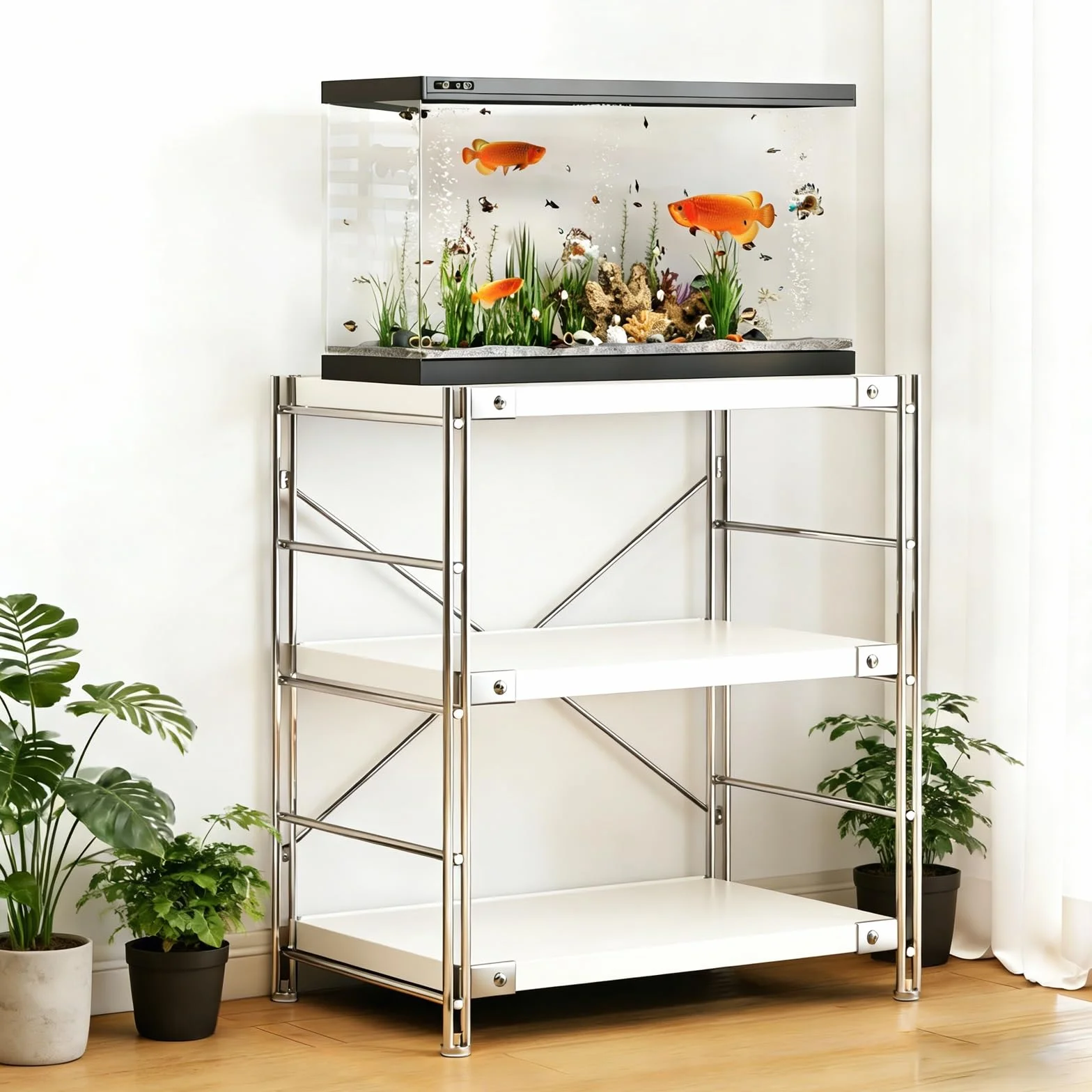 3-poziomowy stojak na akwarium z litej stali, regulowana wysokość, obciążenie 100 kg, trwałe panele 8 mm, idealny do terrariów, rozmiar 60 x 45 cm