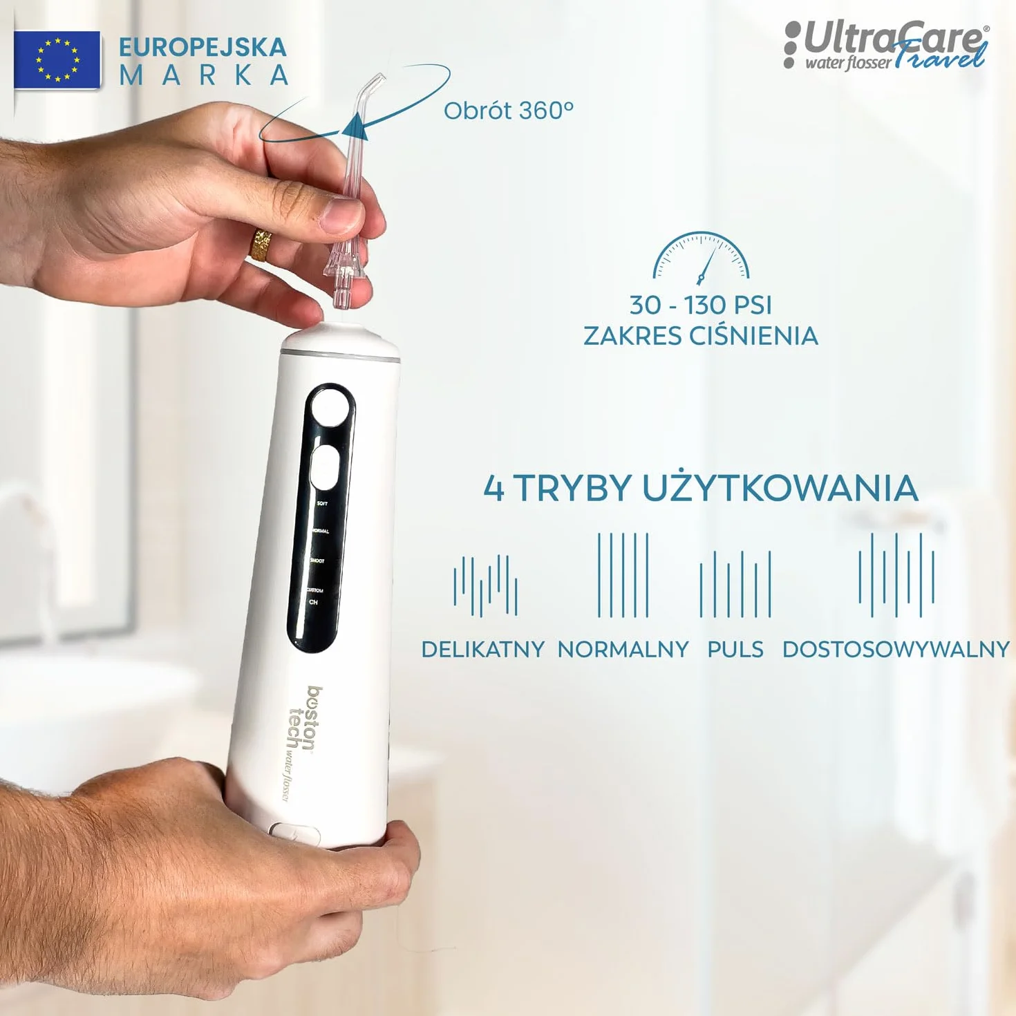 Aquapik® Travel przenośny irygator dentystyczny UltraCare | Usuwa płytkę nazębną + zalecany przez dentystów + Dbaj o implanty i ortodoncję | 8 ustników + 4 tryby użytkowania + zbiornik 300 ml (biały)