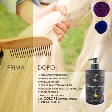 Wild Horses Szampon koni Manti szary z olejkami eterycznymi, w przypadku matowego płaszcza, kolor waniliowy, 500 ml, wyprodukowany we Włoszech