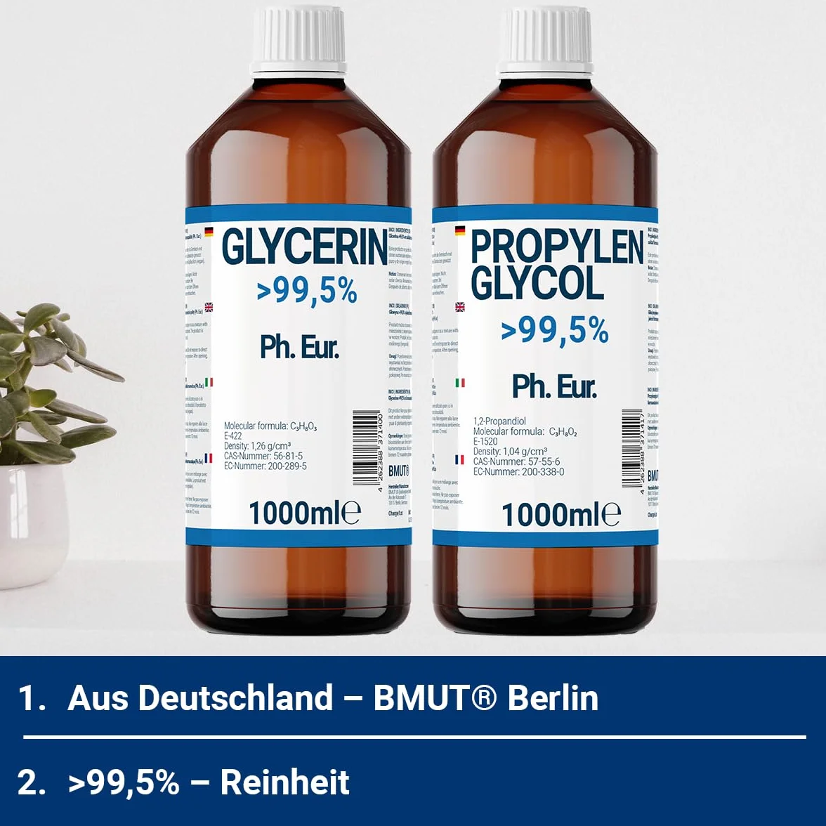 1000ml gliceryna + 1000ml glikolu propylenowego jakości farmaceutycznej | >99,5% | Czysty | E422 + E1520 DIY