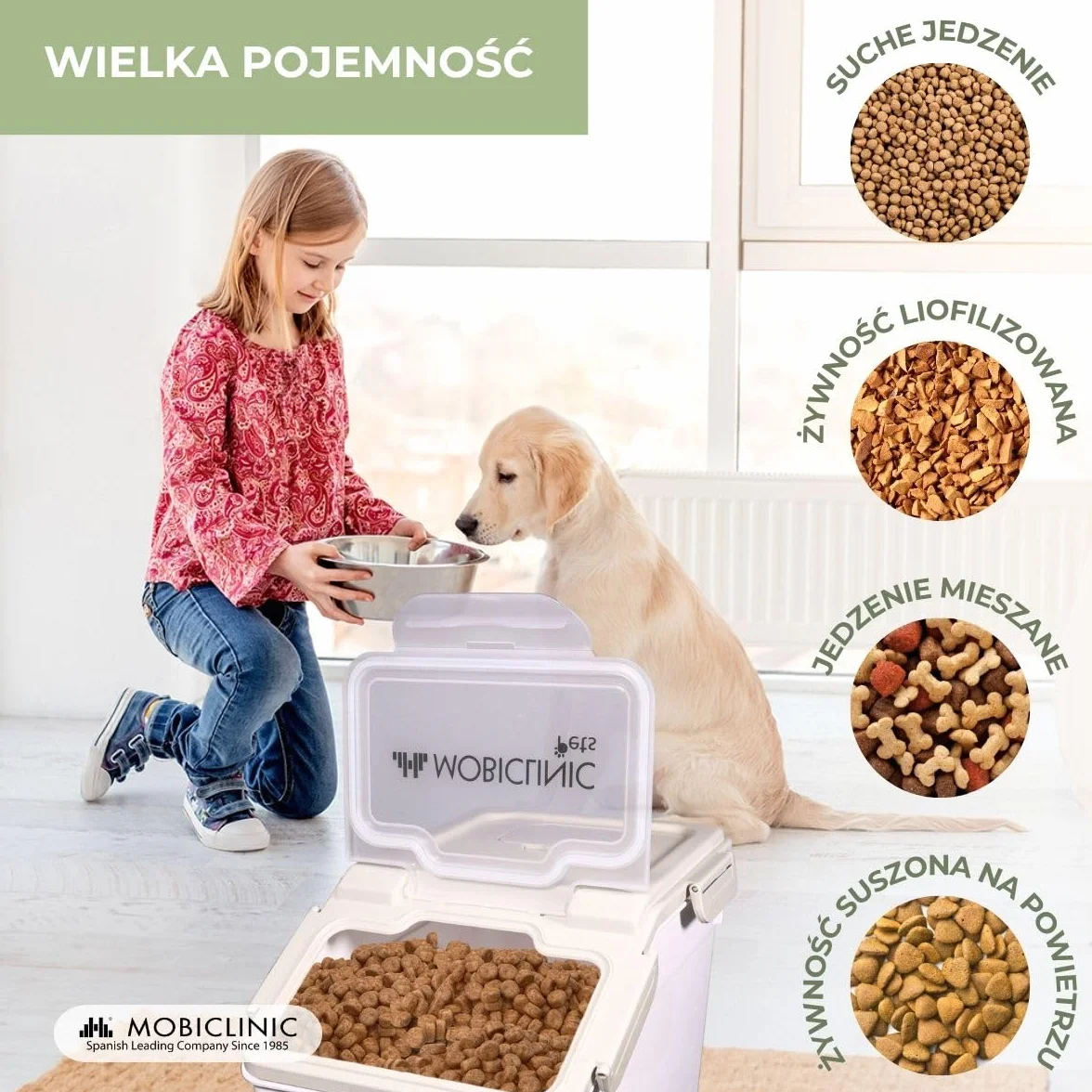 Mobiclinic®, Pojemnik na karmę, Dla zwierząt, Feedpet, Pojemność 20L / 8Kg, Hermetyczne zamknięcie, 23x25, 5x36, 5 cm, Zestaw z łopatką i miarką, Kołami, Przezroczyste okno