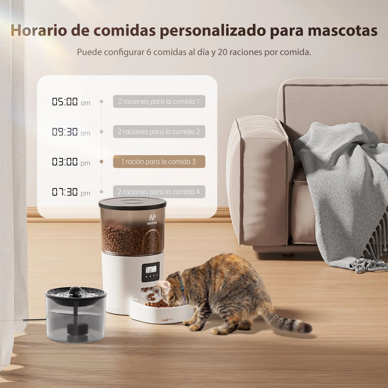 IMIPAW Automatyczny podajnik karmy 2w1 z fontanną wodną dla kota, dozownik suchej karmy, programowalny, 1–6 posiłków dziennie, kontrola porcji, pojemnik na wodę (Biały)