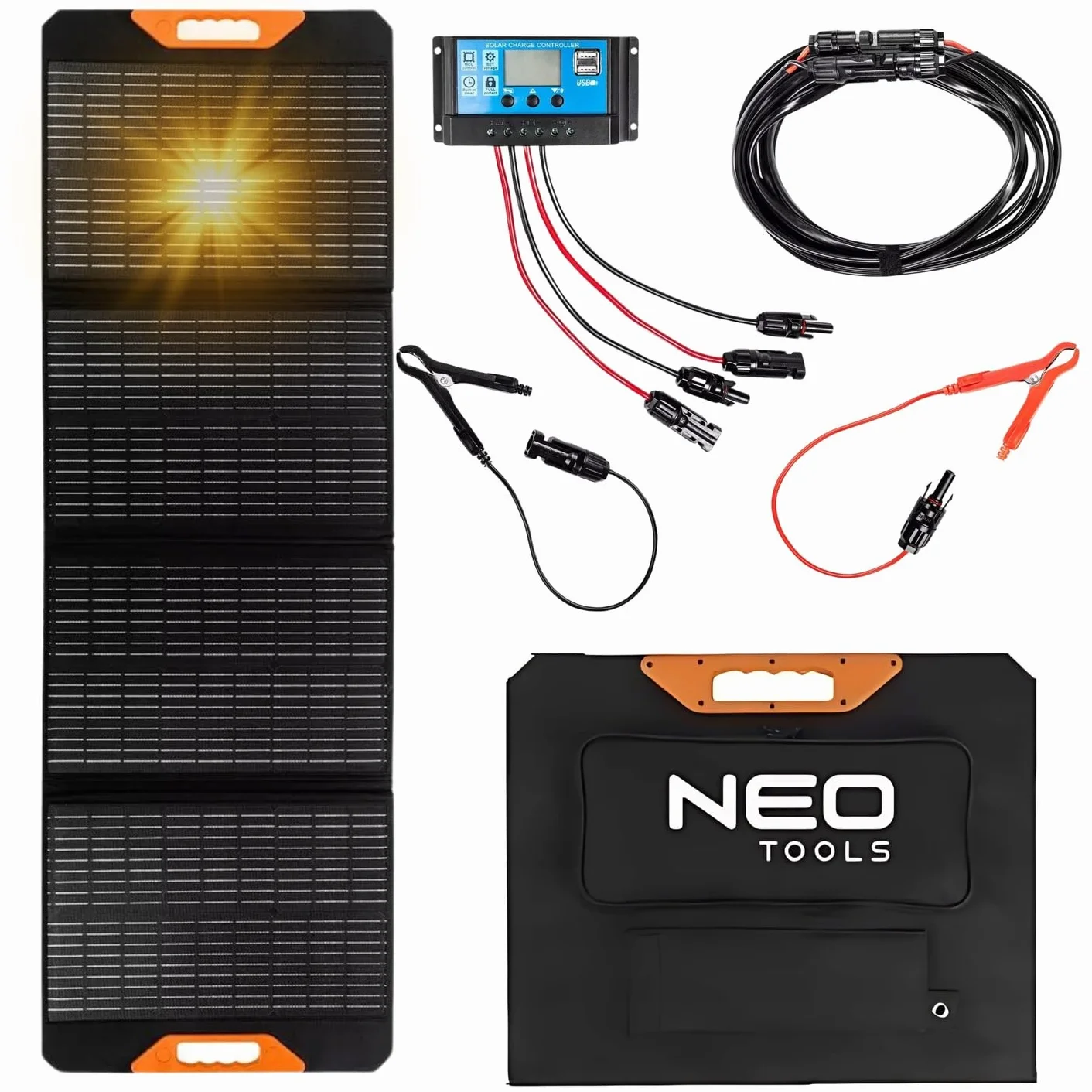 NEO TOOLS Przenośna ładowarka do paneli słonecznych, 100/120/140/200 W, ładowarka solarna; do ładowania urządzeń USB; przenośny powerbank, wodoodporny, kemping, survival (140 W)