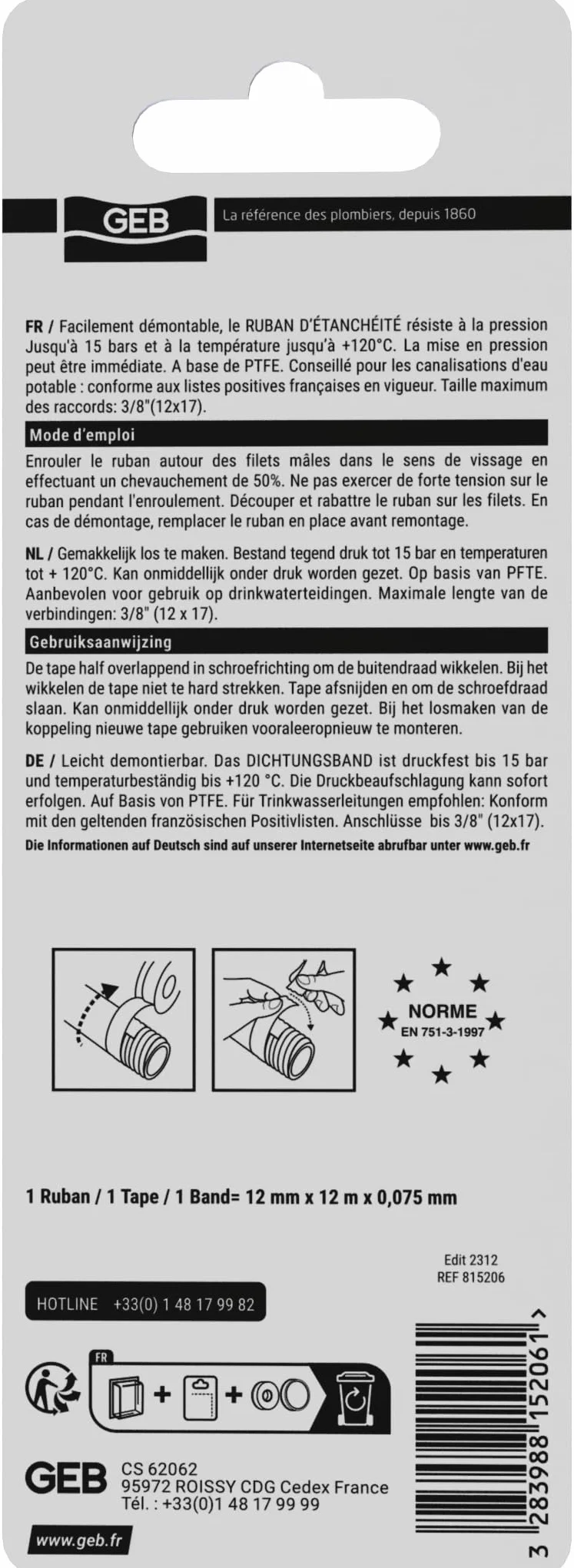 GEB Taśma uszczelniająca PTFE 12 m x 12 mm do wody pitnej