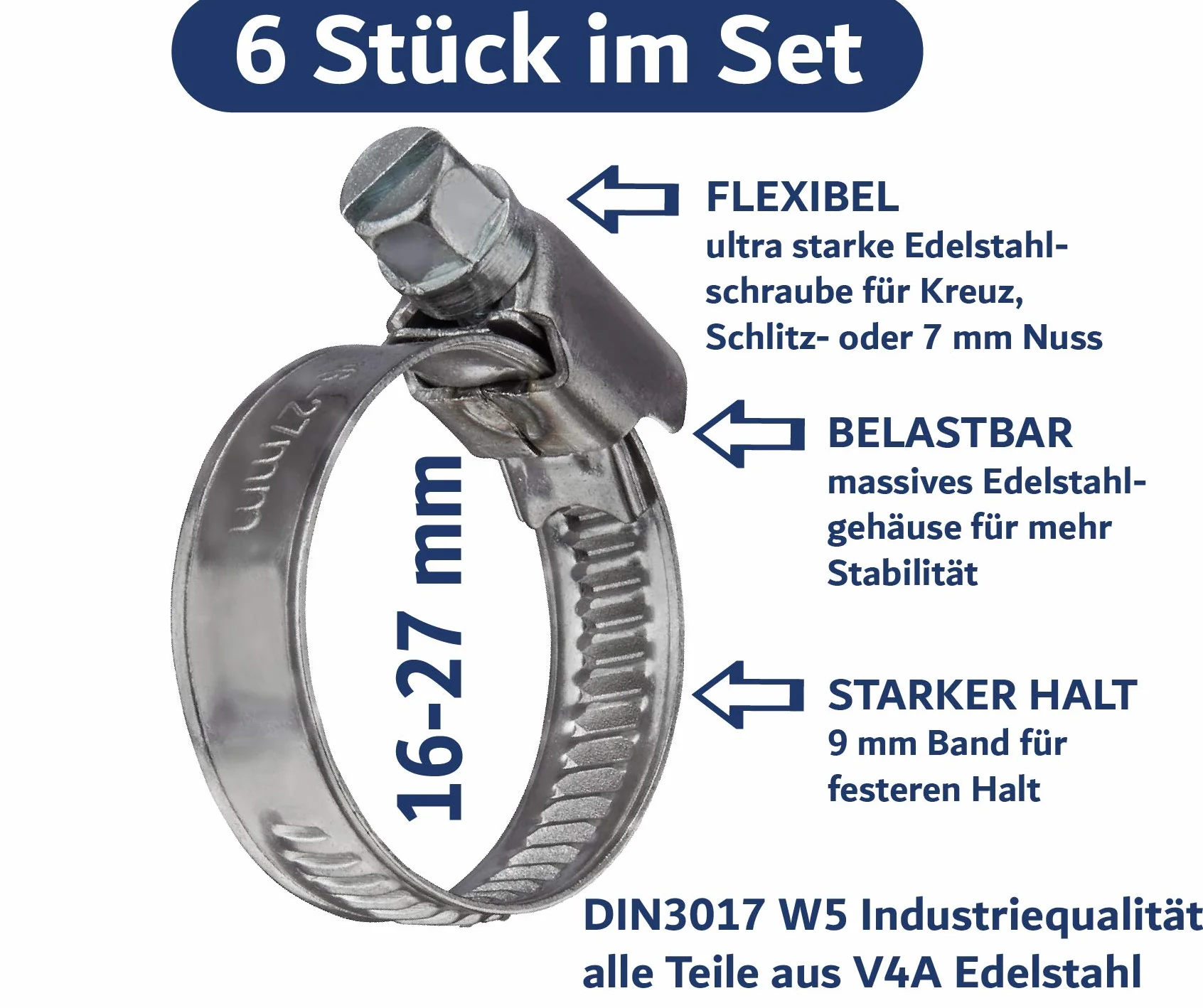 Obejmy do węża DIN3017 16-27 mm stal nierdzewna V4A W5 taśma 9 mm zestaw 6 sztuk