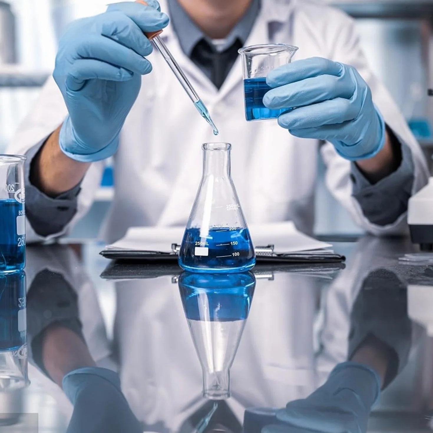 4-stopniowy zestaw zlewek Erlenmeyer, zestaw cylindrów z miarką, 3 szklane cylindry z 3 stożkowymi buteleczkami, z 3 szklanymi pipetami, 2 szklane mieszadła i 2 szczotki do mycia