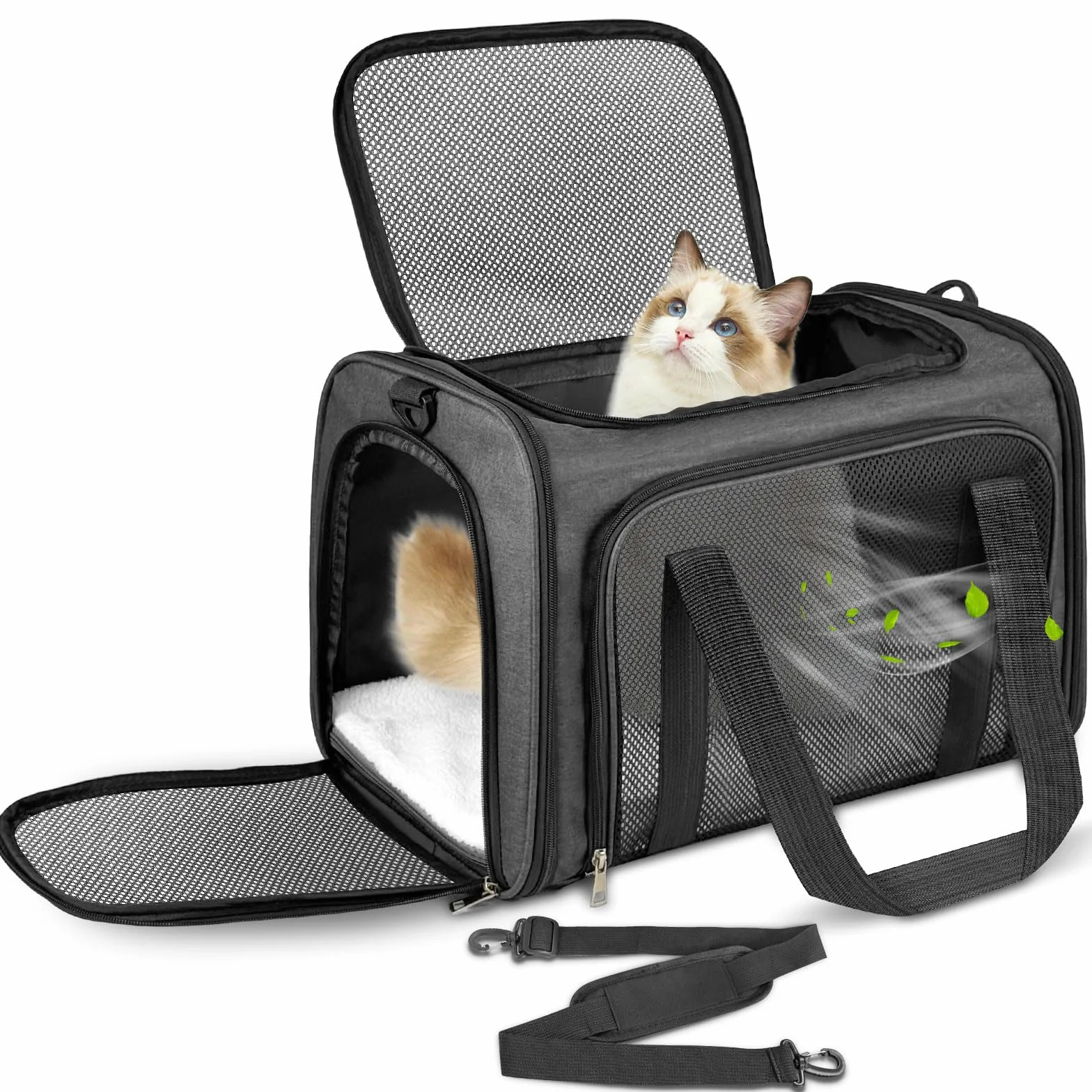 Torba transportowa dla kota, psa do 5 kg, przenośna, składana, z paskiem na ramię, dla średnich i małych zwierząt domowych (ciemnoszara, 43 x 28 x 28 cm)