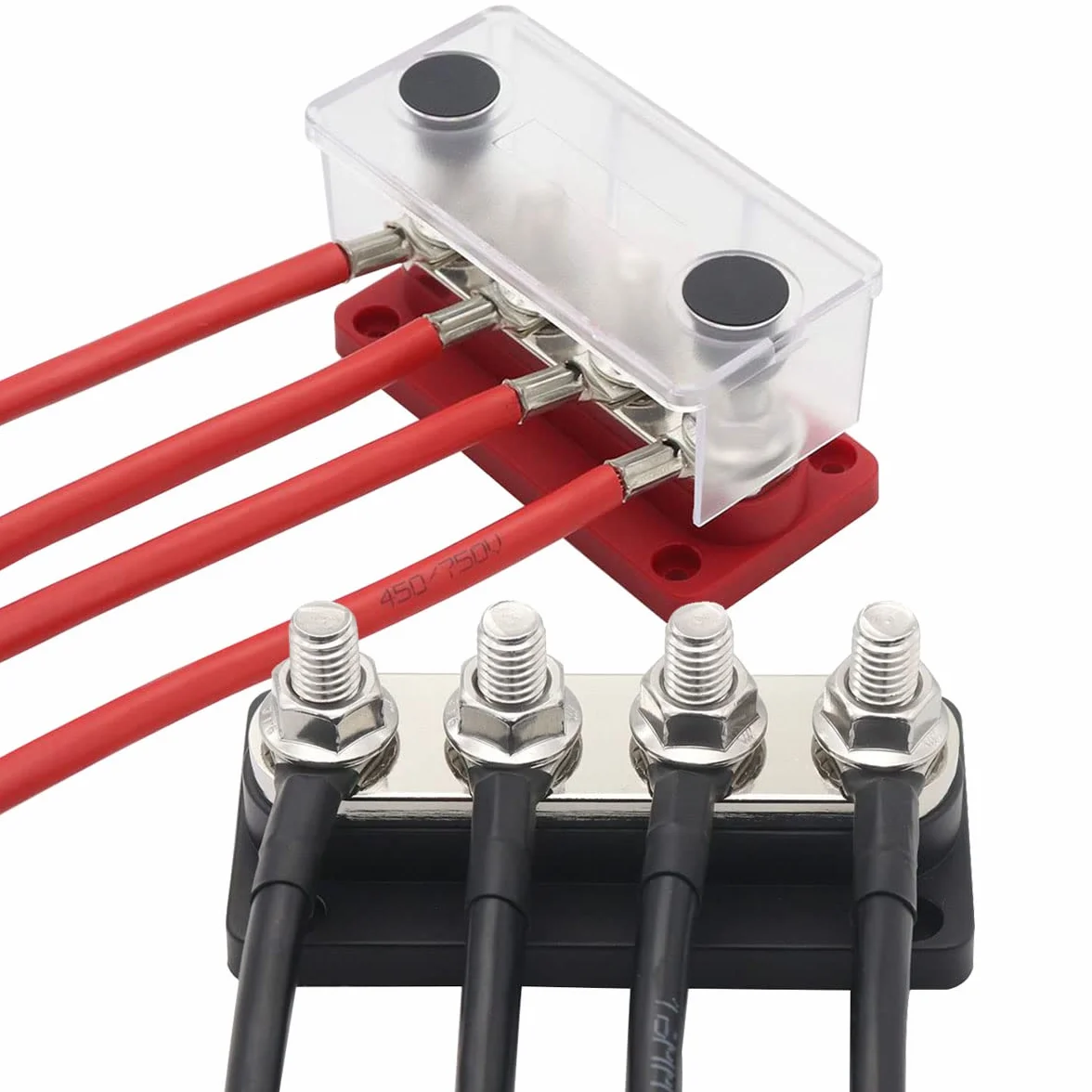 Barre de Bus 300A 12V-48V CC Cuivre Module Robuste 4xM8 Bornes Bloc Distribution Terre avec Couvercle Noir Rouge