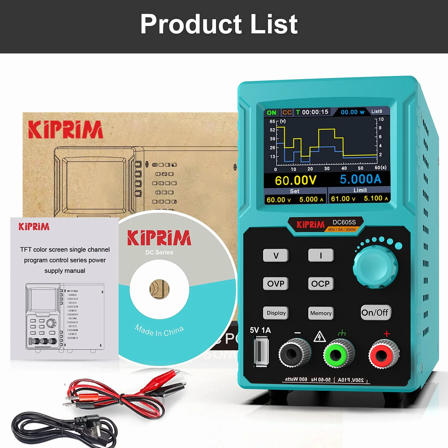 Kiprim DC605S Programowalny zasilacz laboratoryjny, 0–60 V / 0–5 A, z 4-cyfrowym wyświetlaczem LED, stabilizowany zasilacz impulsowy, miernik prądu, odporny na przeciążenie i zwarcie