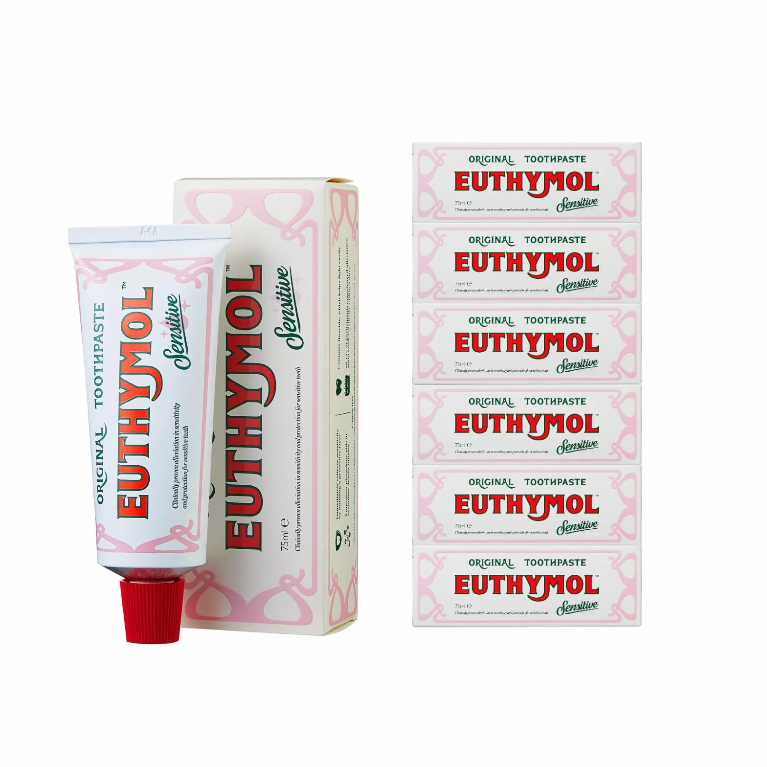 Euthymol Sensitive Pasta do zębów 75 ml x 6, pasta do zębów z fluorkiem do wrażliwych zębów, usuwanie płytki nazębnej, ochrona próchnicy, antybakteryjna, bezglutenowa, tymolowa i mentol, odświeża