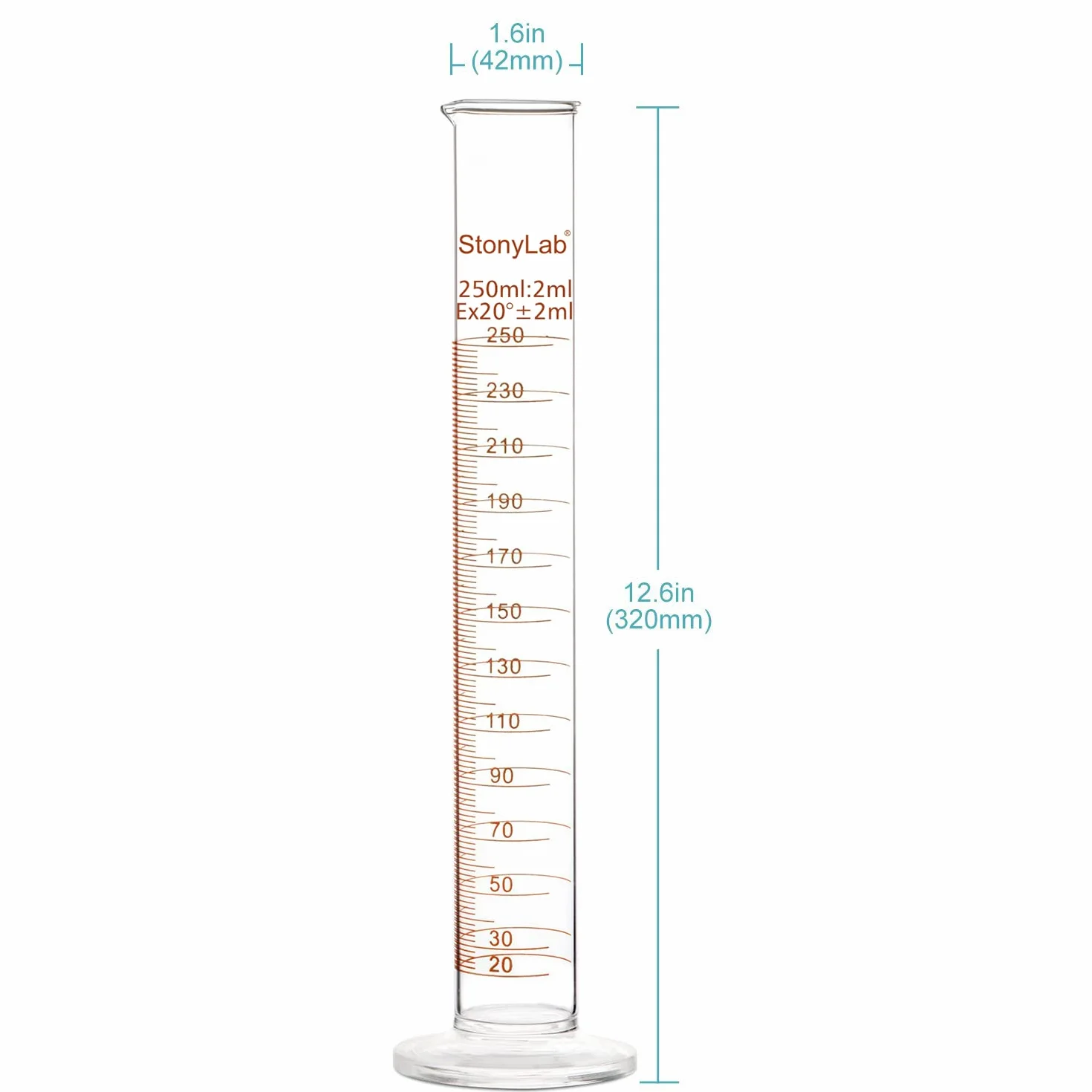 stonylab Graduated Cylinder Szkło (Opakowanie 1), Graduated Cylinder Szkło Borokrzemianowe 250 ml Ciężka Ściana Szkło Stopniowe Cylinder Pomiarowy