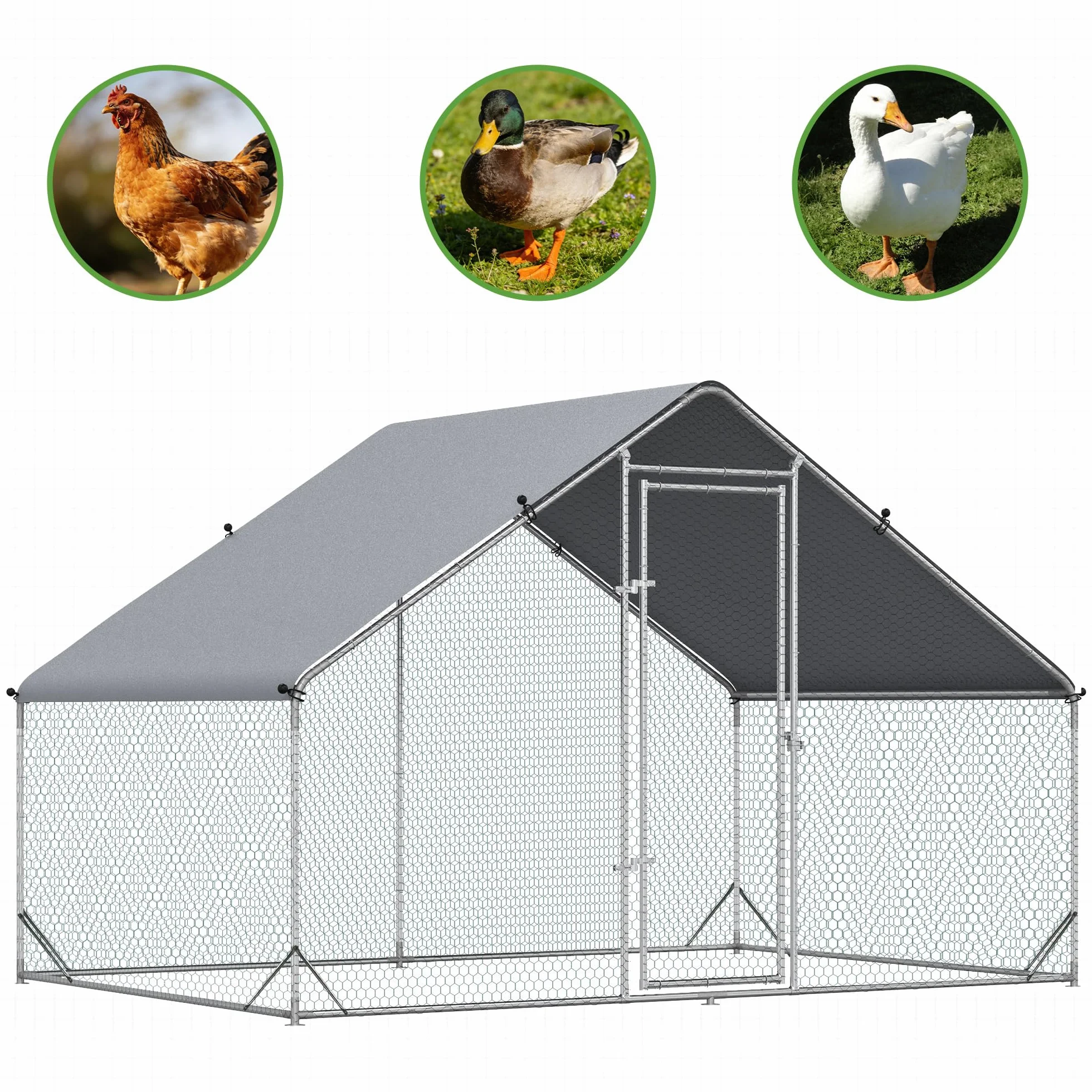 PawHut Kurnik ze stali 300x200x200 cm klatka dla kur z osłoną drzwiami wybieg dla 4-6 kur srebrny