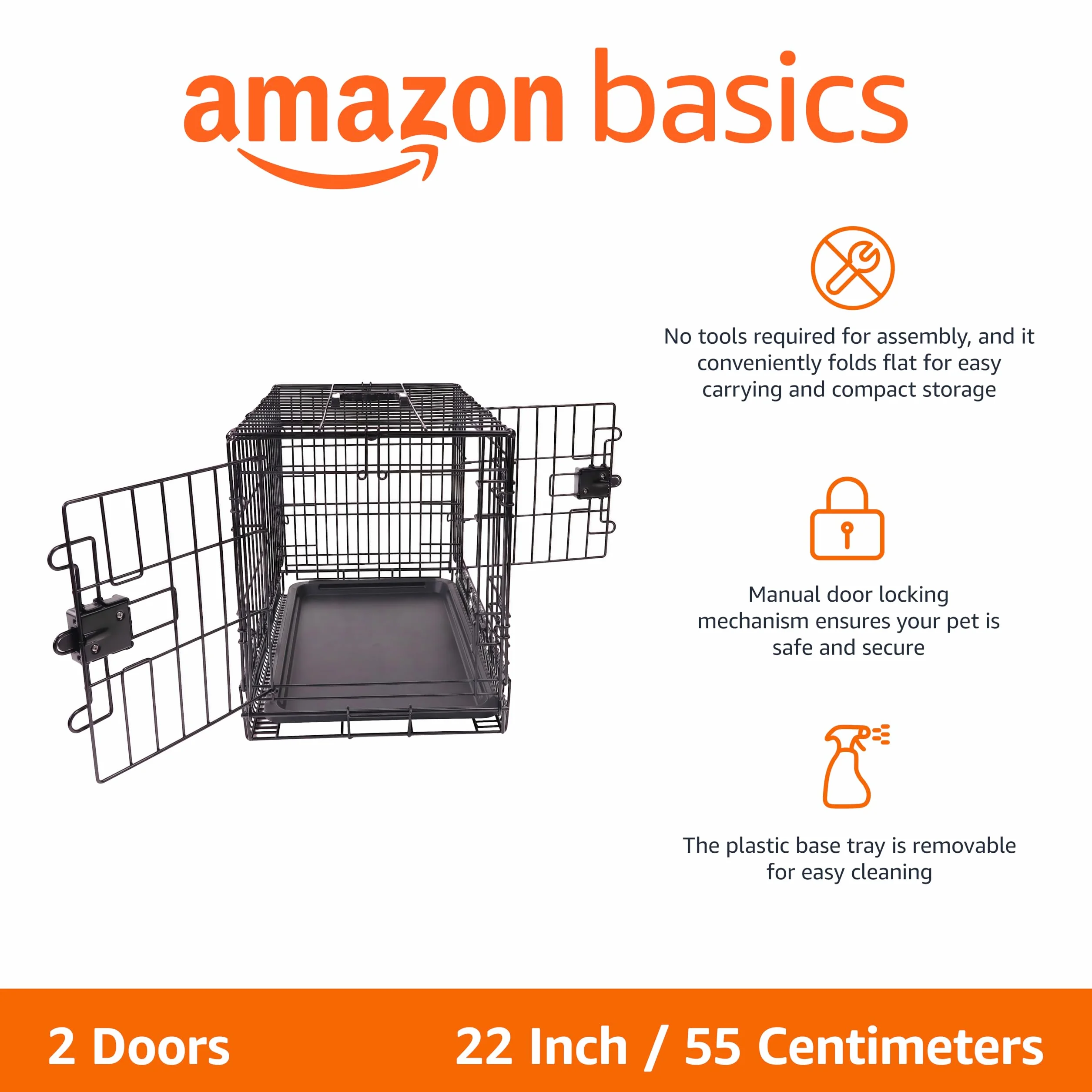 Amazon Basics Klatka dla psów, z drutu metalowego, wytrzymała, składana, z podstawką, podwójne drzwiczki, 56 x 33 x 41 cm (dł. x. szer. x wys.), czarna