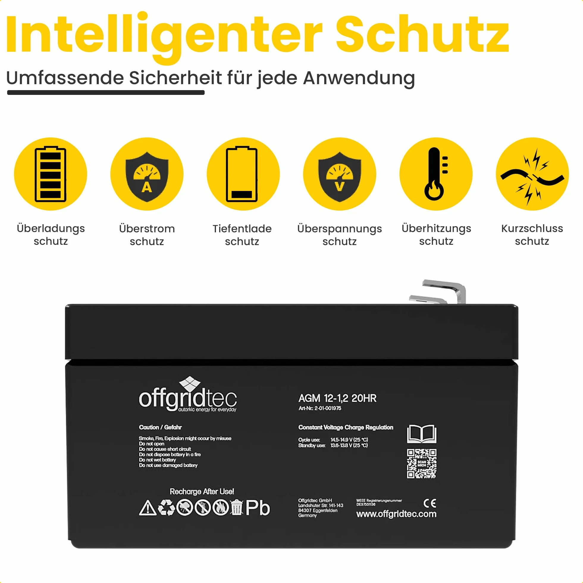 Offgridtec® Akumulator ołowiowy AGM 1,2 Ah 12 V, odporny na cykle UV, zamiennik akumulatora VRLA