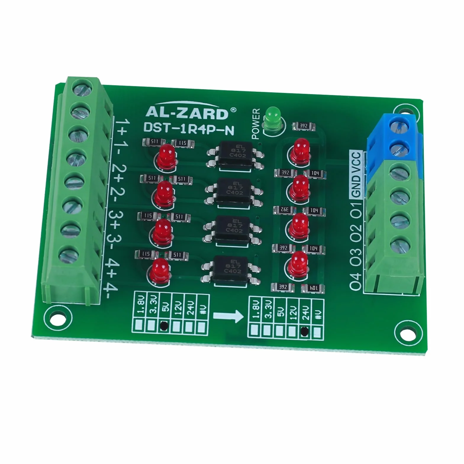 4-kanałowa płytka izolacyjna z optoizolatorami, DST-1R4P-N 5V do 24V, moduł optoizolacyjny PLC, płytka do izolacji sygnałów, mikrokomputer jednoukładowy