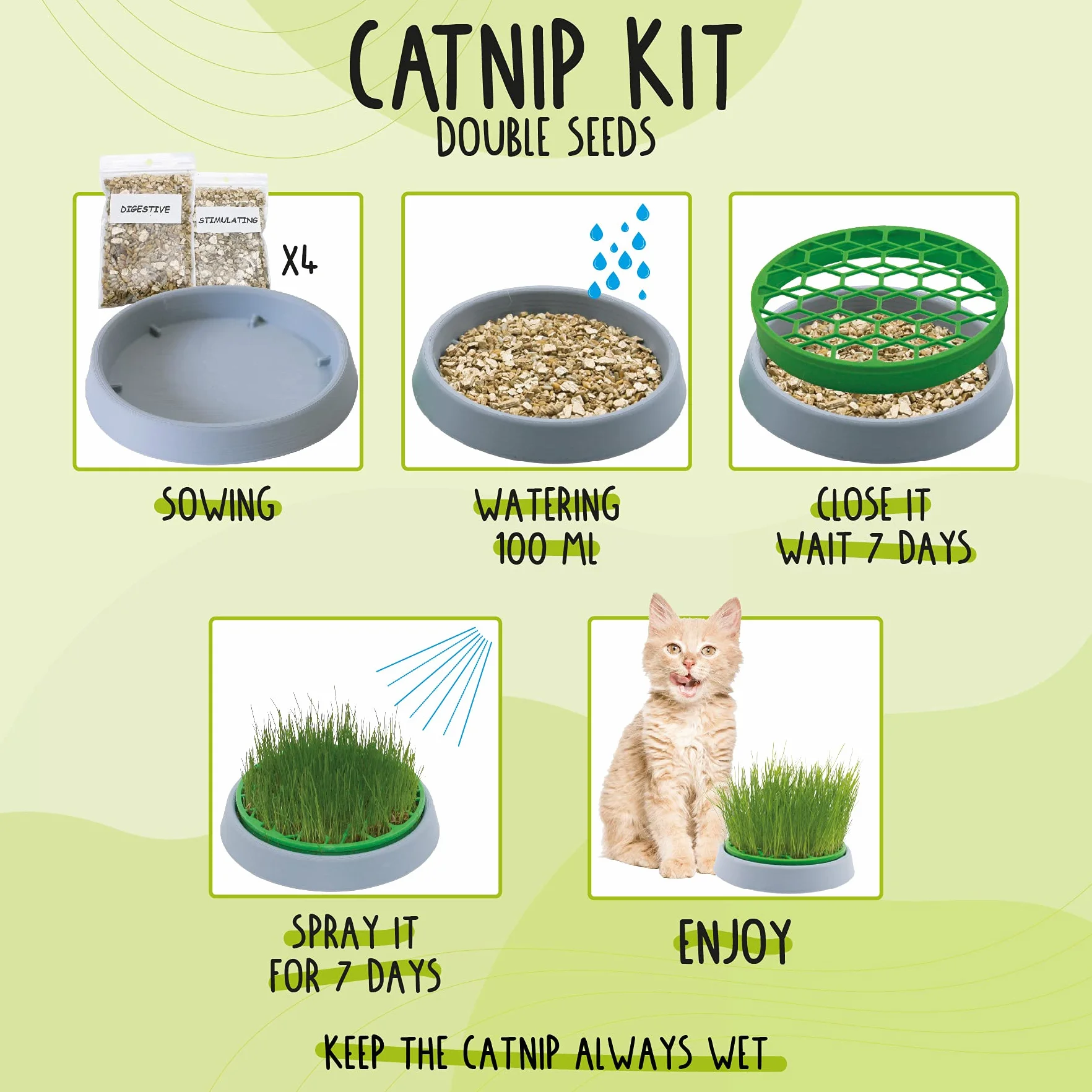 R&R SHOP - Zestaw Double Seeds Catnip - Doniczka kiełkująca, 2 rodzaje kocimiętki, pobudzająca i wspomagająca trawienie, 4 saszetki nasion i podłoże, odpowiednia dla wszystkich kotów