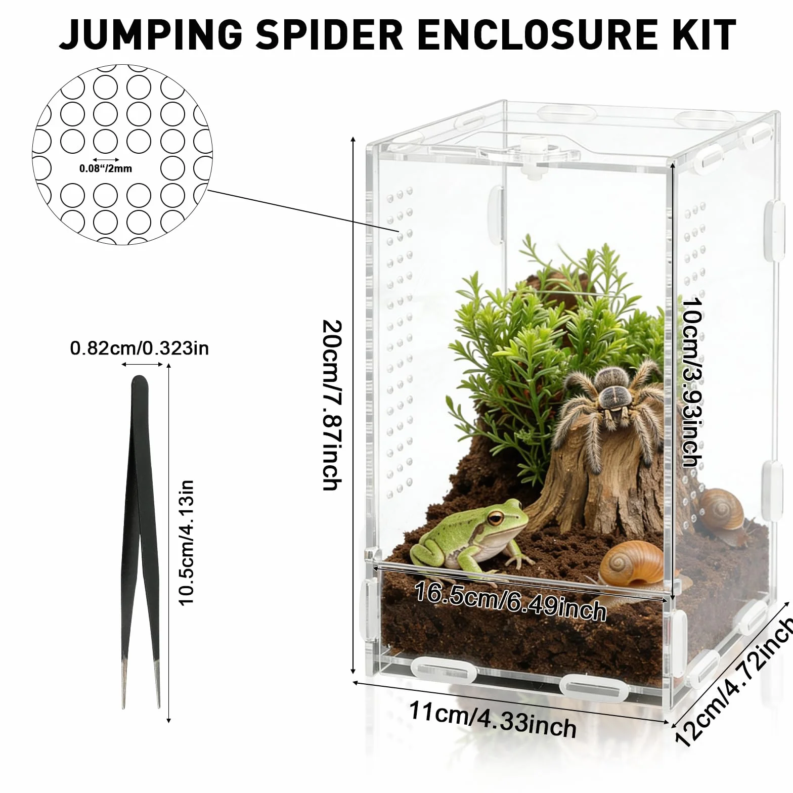 Akrylowe terrarium dla gadów, 20 x 12 x 11 cm, 360° przezroczysta fauna box zawiera pęsetę, oddychające pudełko do hodowli gadów, pudełko do karmienia gadów dla skoczków, jaszczurek, ślimaków
