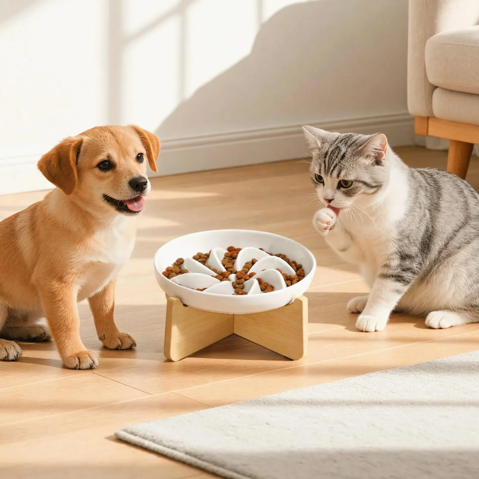 PETTOM Miska dla kota z powolnym karmieniem ceramiczna z bambusowym stojakiem, podwyższona krawędź odporna na rozlanie miski dla kotów do wolnego jedzenia dla mokrego pokarmu/suszonego pokarmu (Biały)