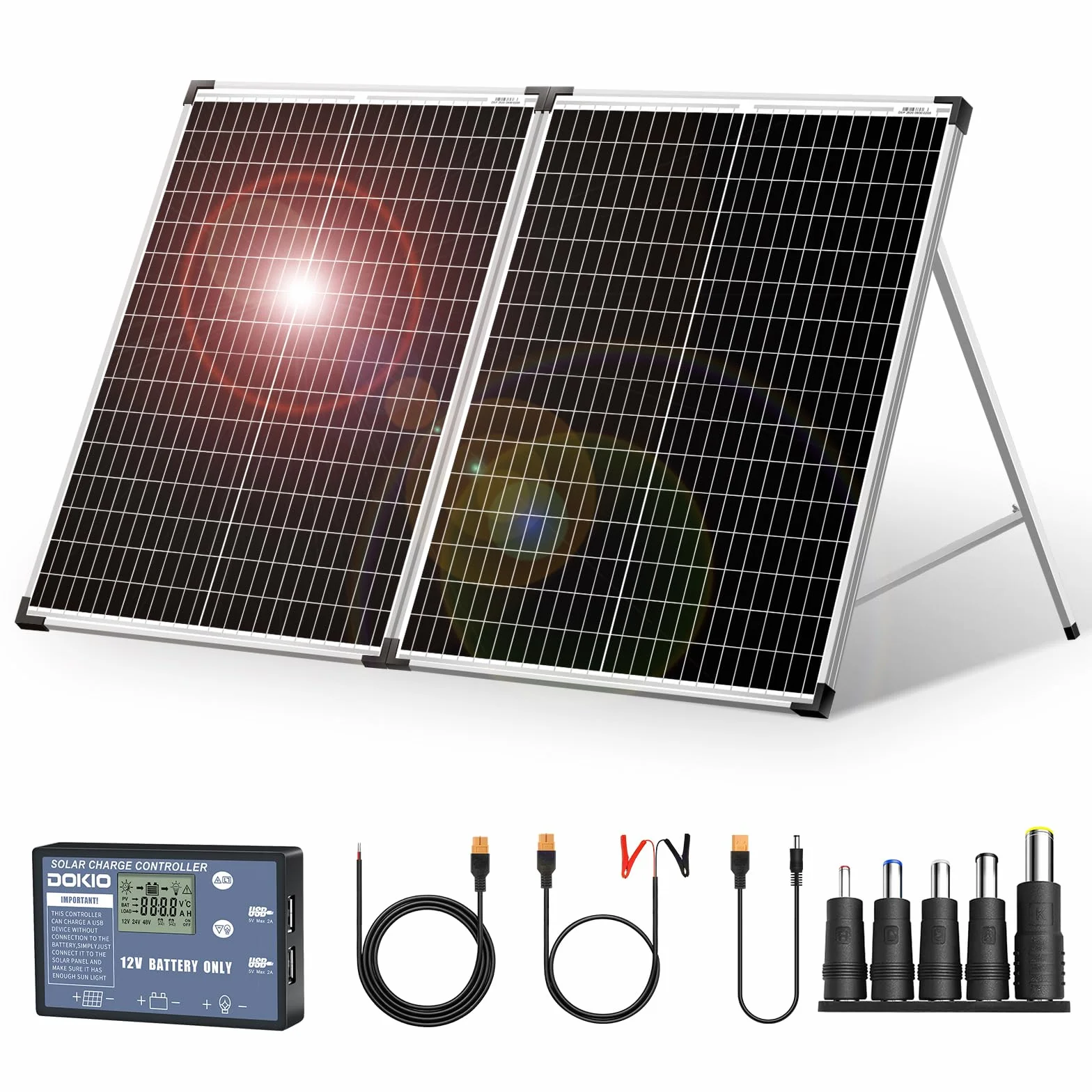 DOKIO składany panel słoneczny 100 W monokrystaliczny regulator ładowania 12 V 2 porty USB