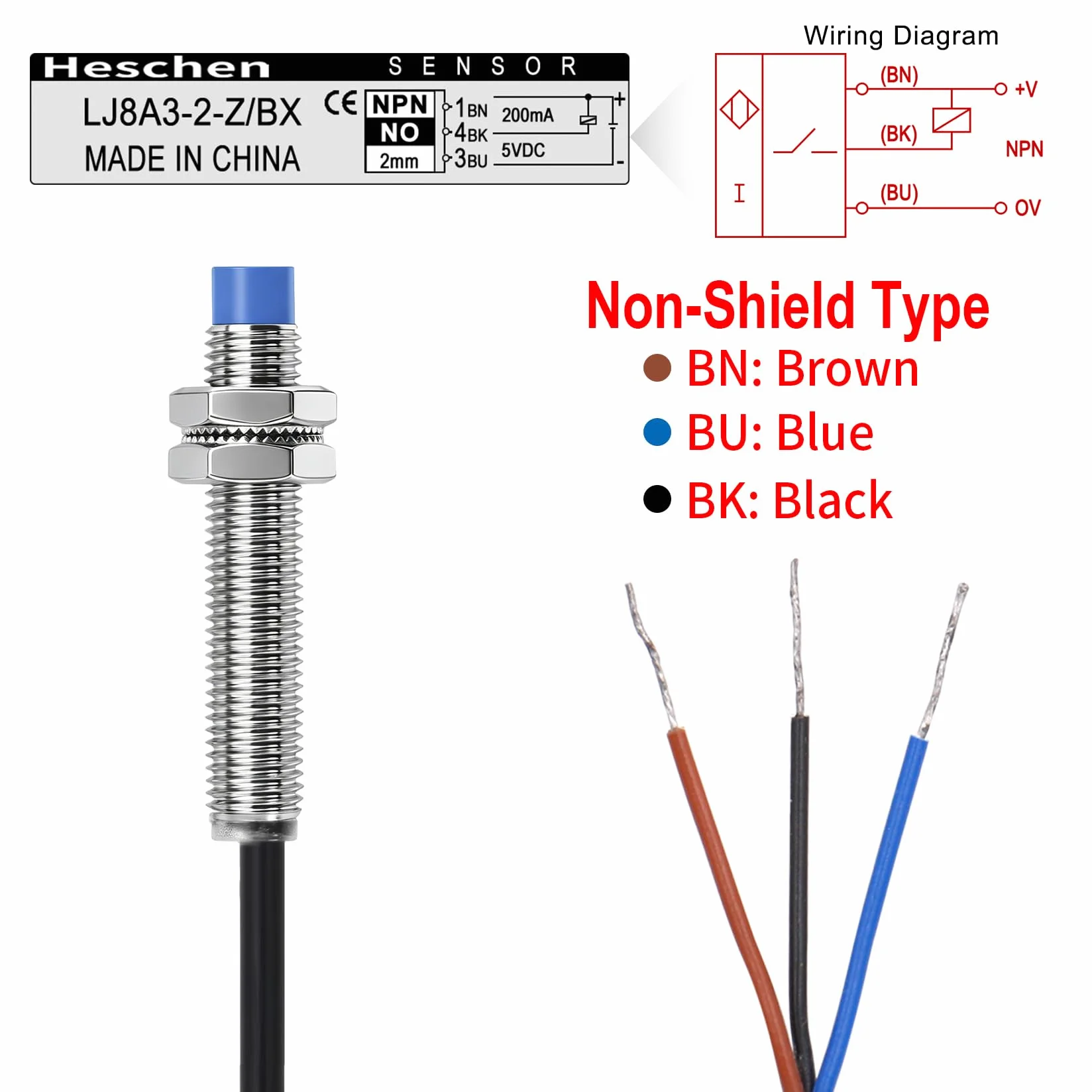 Heschen M8 Indukcyjny czujnik zbliżeniowy przełącznik nieekranowy typ LJ8A3-2-Z/BX detektor 2 mm 10-30 V DC 200 mA NPN normalnie otwarty (NO) 3 przewody