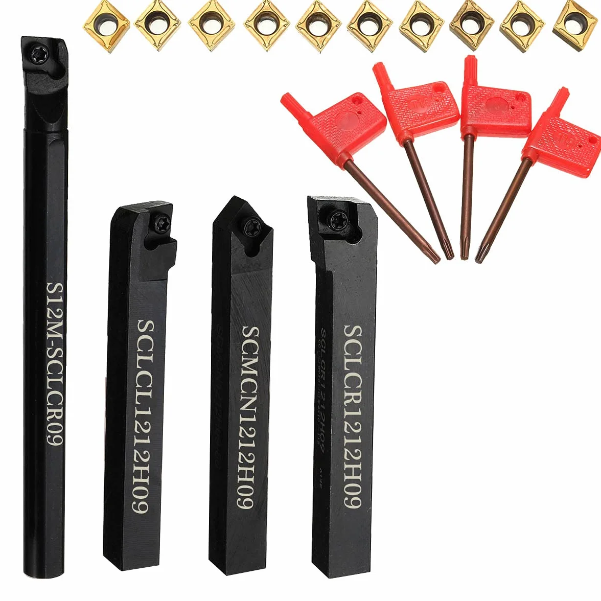 Maizoon Uchwyt narzędziowy do tokarki CNC 4 szt. S12M-SCLCR09 SCLCR1212H09 SCLCL1212H09 SCMCN1212H09 + 10 szt. wkładów z węglika spiekanego + 4 szt. klucz, tokarka wewnętrzna do rowkowania do dużych