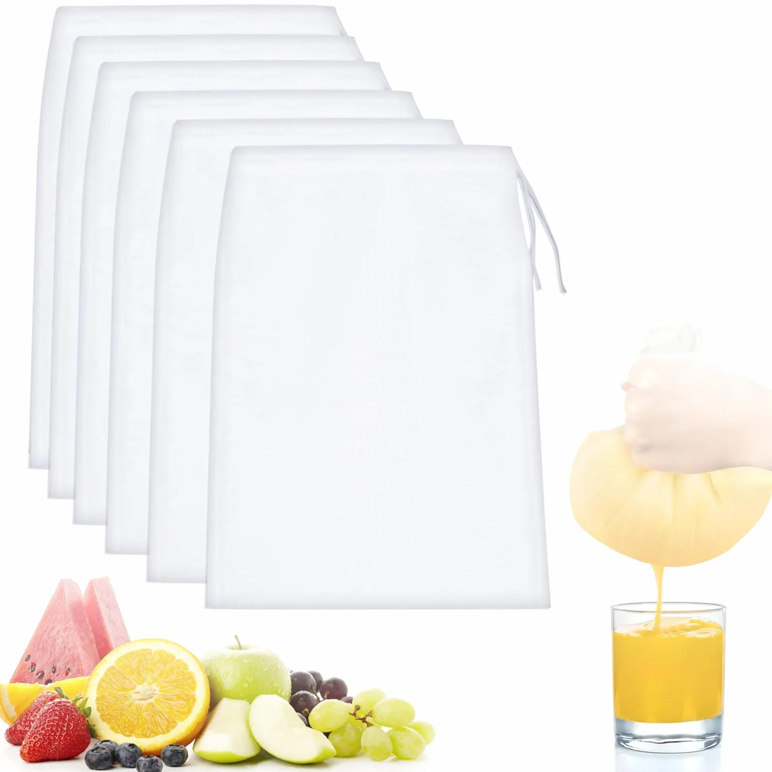 6 worków na mleko orzechowe, 20 × 30 cm, drobno tkane, nylonowe worki filtrujące, do mleka orzechowego, wielokrotnego użytku, ze sznurkiem, nadają się do prania, na mleko orzechowe, kawę