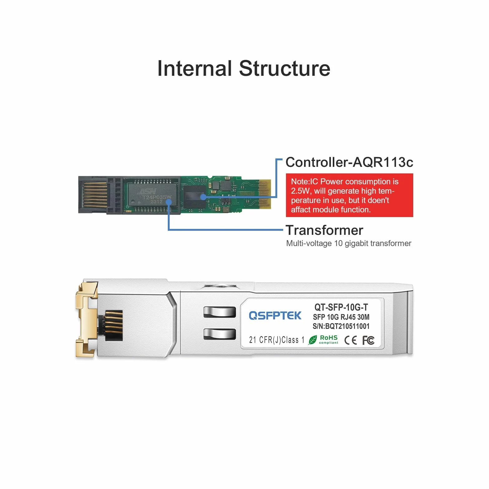 SFP-10G-T-S 10GBASE-T SFP+ do RJ45 Copper Mini-GBIC Transceiver dla Cisco Ubiquiti Netgear Mikrotik D-Link CAT6A/CAT7 30M
