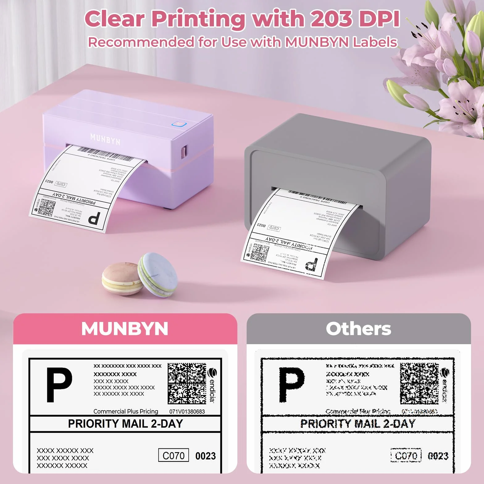 Drukarka Etykiet MUNBYN DHL (Bluetooth), Drukarka Etykiet Wysyłkowych 4x6, Termiczna Drukarka Etykiet dla Shopify, Zalando, Allegro, Etsy, DPD, UPS, w Zestawie 25 Etykiet, ITPP130B (Fioletowa)