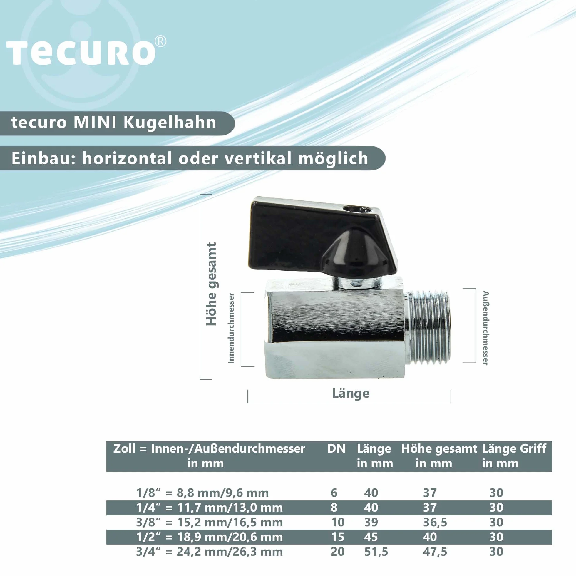 tecuro Mini-zawór kulowy 1/4 cala, gwint wewnętrzny x gwint zewnętrzny, odporny na temperaturę od -5°C do +90°C, materiał uszczelniający PTFE, mosiądz chromowany