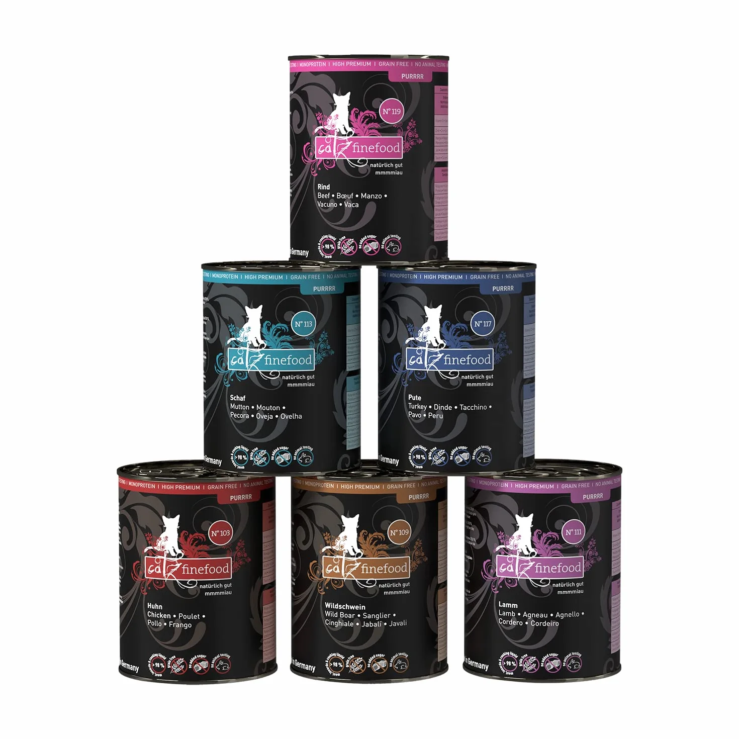 catz finefood Purrrr Collection I monoprotein mokra karma dla kotów – bez zbóż, bez cukru, hipoalergiczna, wysoka zawartość mięsa, opakowanie wielu mokrej karmy dla kotów, w woreczku, 6 x 400 g