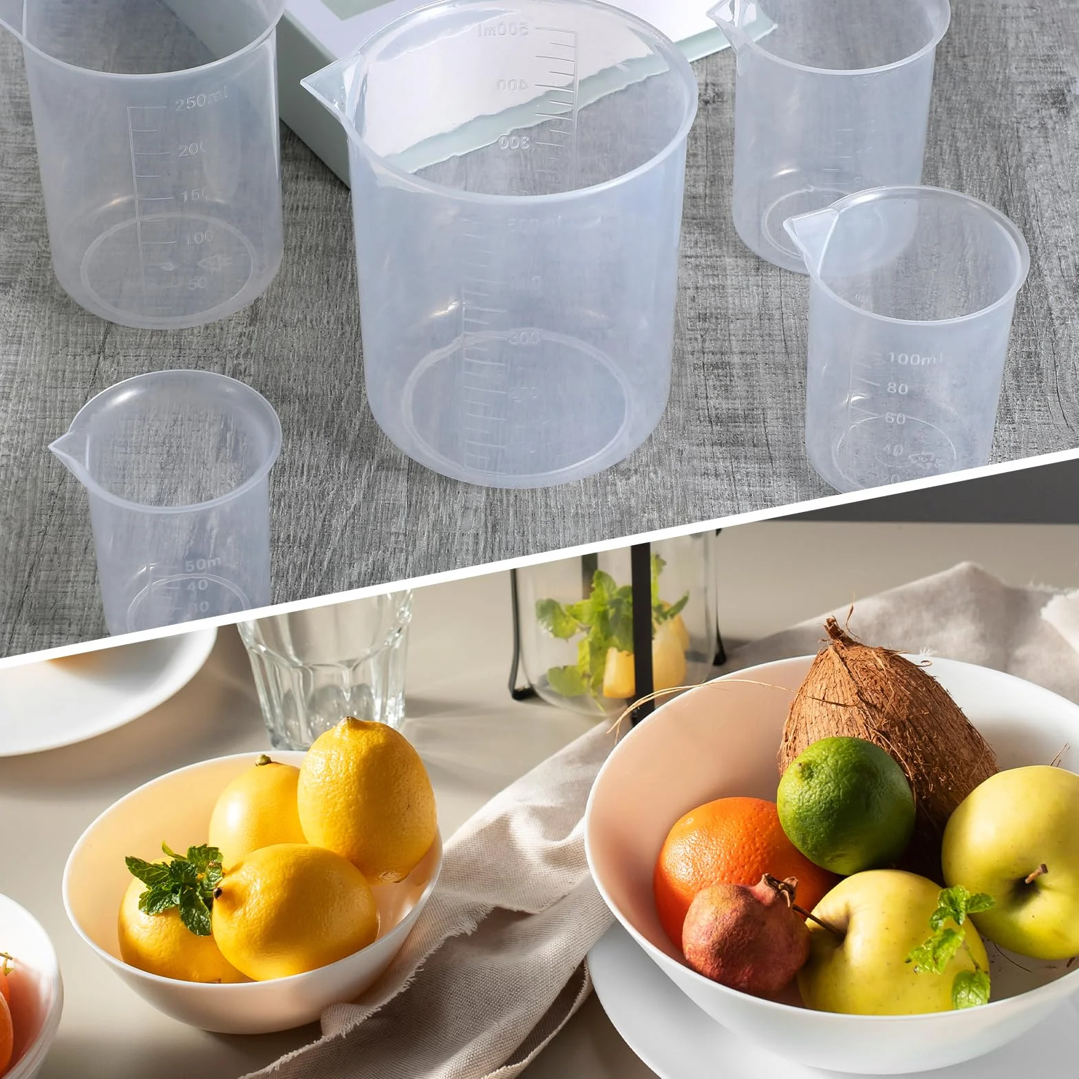 Zestaw 6 kubków miarowych Measuring Cups, kubki miarowe 25ml 50ml 100ml 150ml 250ml 500ml, precyzyjne odporne na wysokie temperatury z tworzywa sztucznego kubki miarowe ml ze skalą, do laboratorium