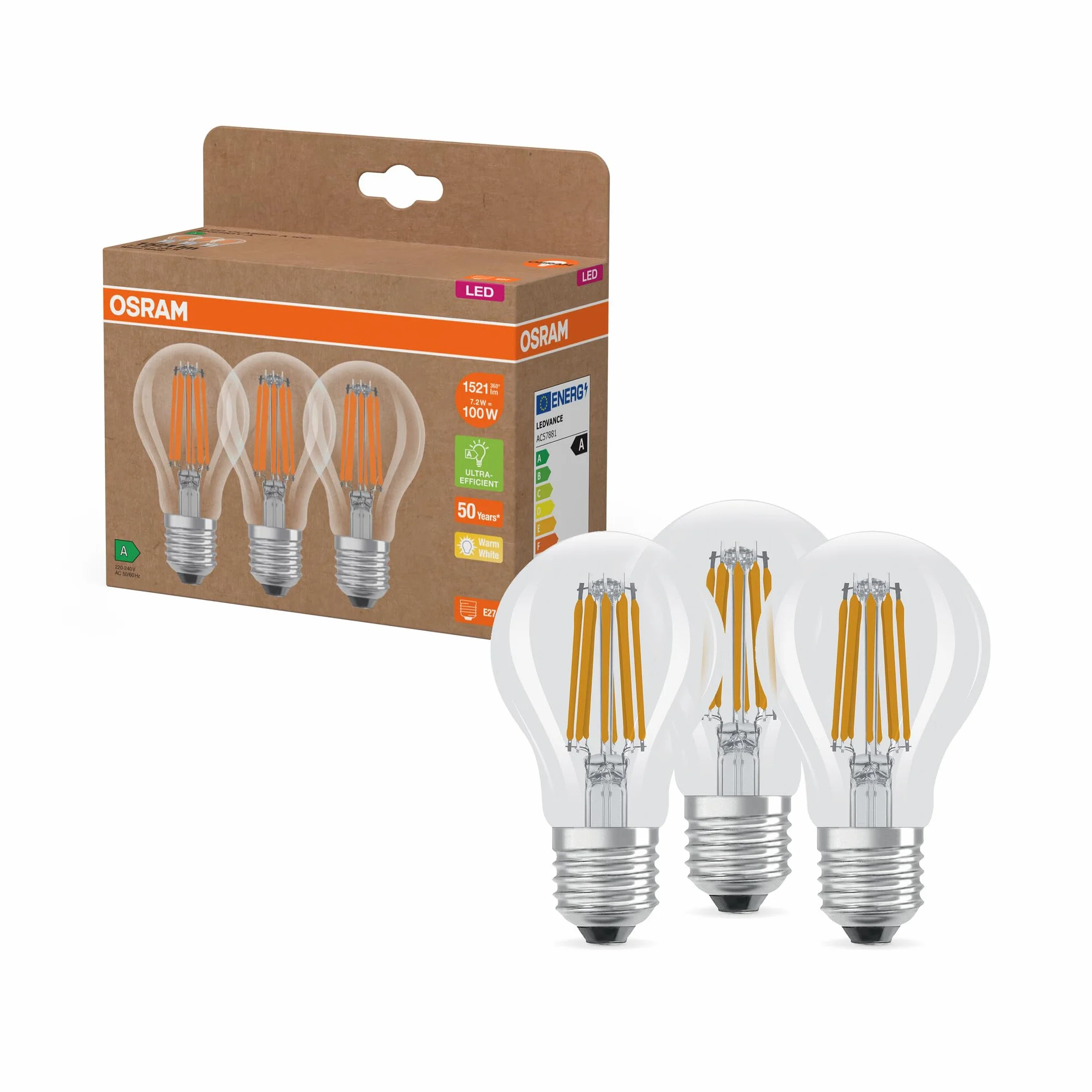 LED Lamps Energy Class A 7.2W 827 Clear E27