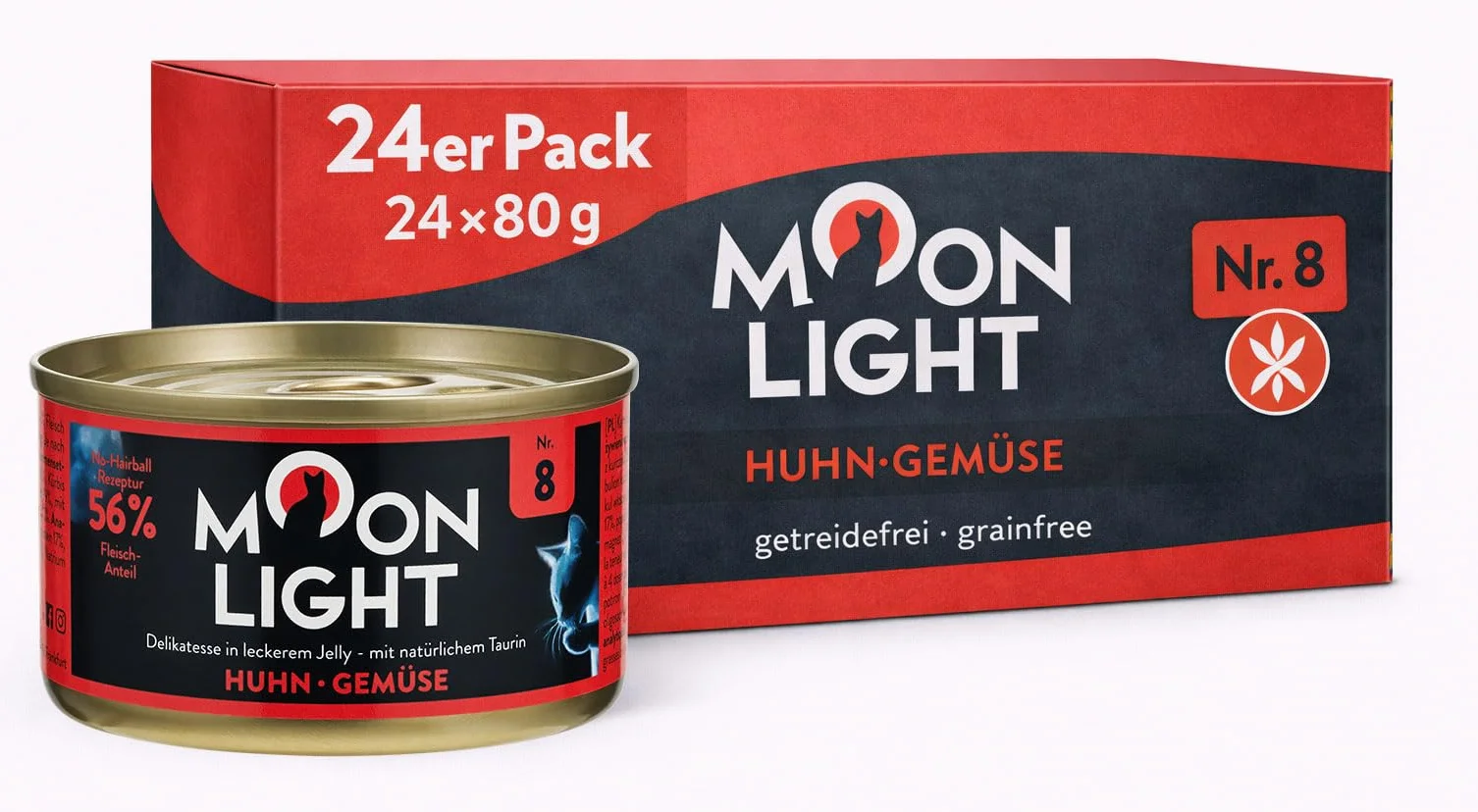 Moonlight Premium mokra karma dla kota nr 8 – puszka 24 x 80 g – bez zbóż, z zawartością mięsa, kurczaka i warzyw – delikatna karma filetowa we własnym soku – wysokiej jakości karma dla smakoszy