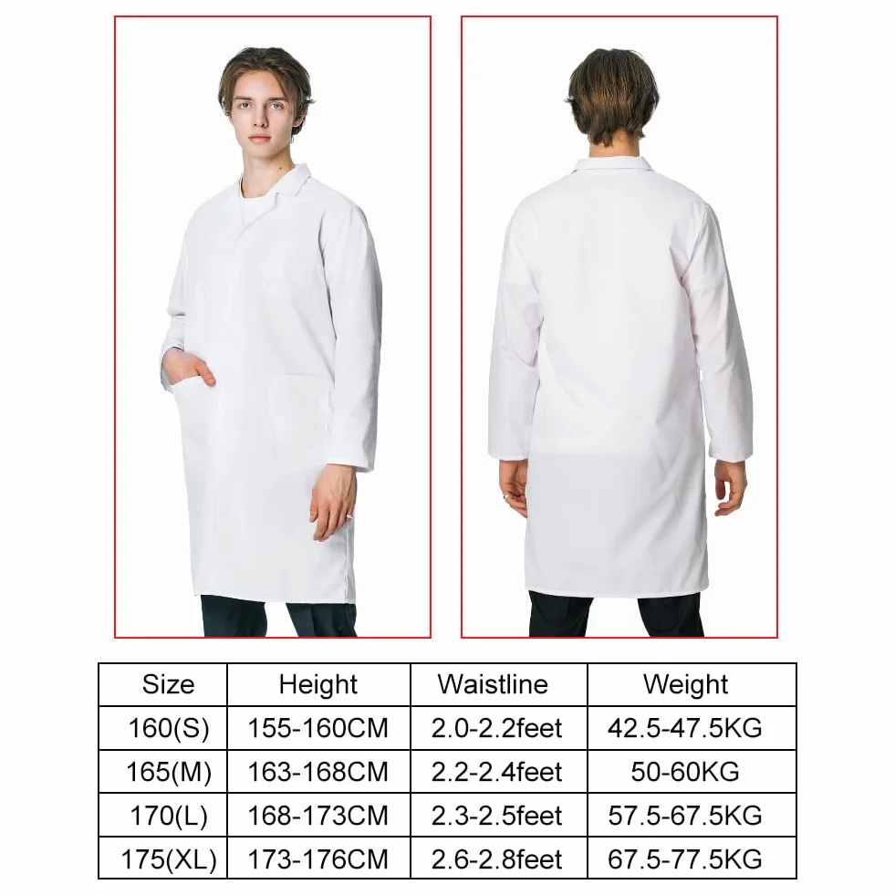 Fartuch laboratoryjny dla mężczyzn i kobiet, fartuszek lekarski, fartuch laboratoryjny, biały, bawełniany fartuch lekarski, z guzikami i 3 kieszeniami, do szkoły, unisex, do laboratorium, nauki, pracy