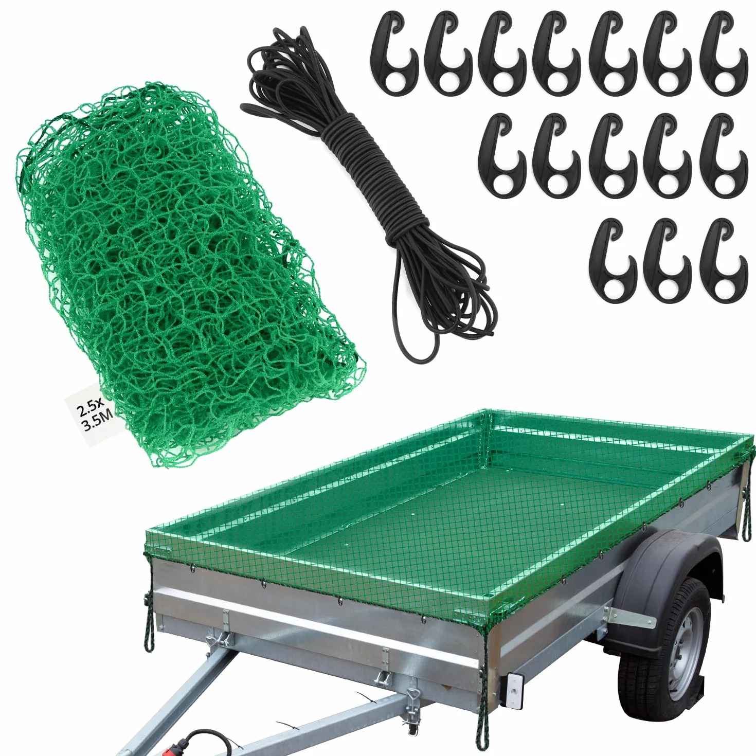 QWORK® Siatka na przyczepy, siatka na przyczepy 2,5 x 3,5 m, siatka na przyczepy z 15 hakami i gumową liną