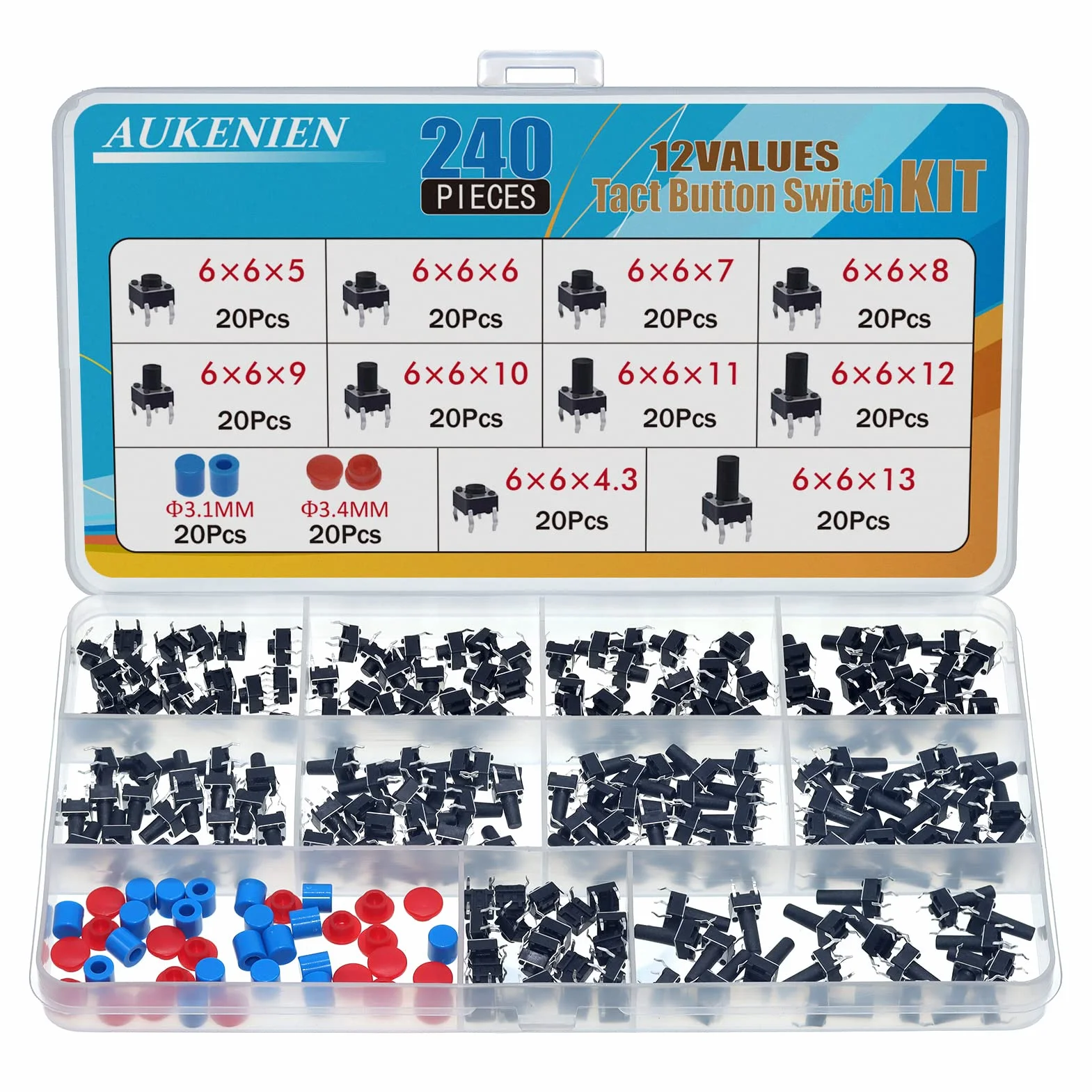 AUKENIEN 12Wartości 240sztuk Zestaw asortymentu mikroprzełączników Przełącznik przyciskowy dotykowy 6MM x 6MM Mikroprzełącznik 4stykowy z osłoną przycisku