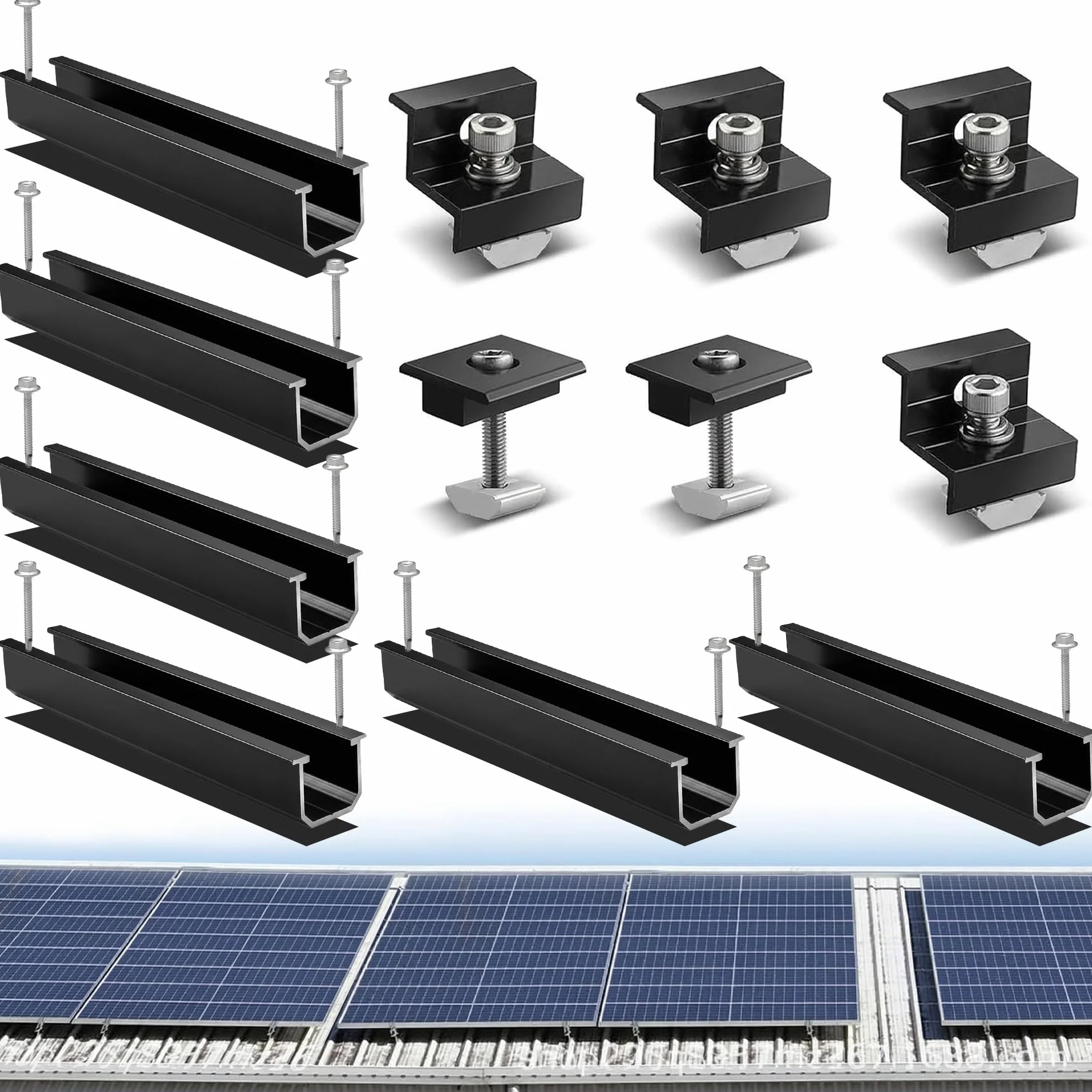 Uchwyt do panelu słonecznego na 2 moduły solarne: wspornik modułu PV zestaw montażowy z szynami 12 cm do płaskiego dachu i blachy trapezowej, aluminiowy uchwyt na panel słoneczny