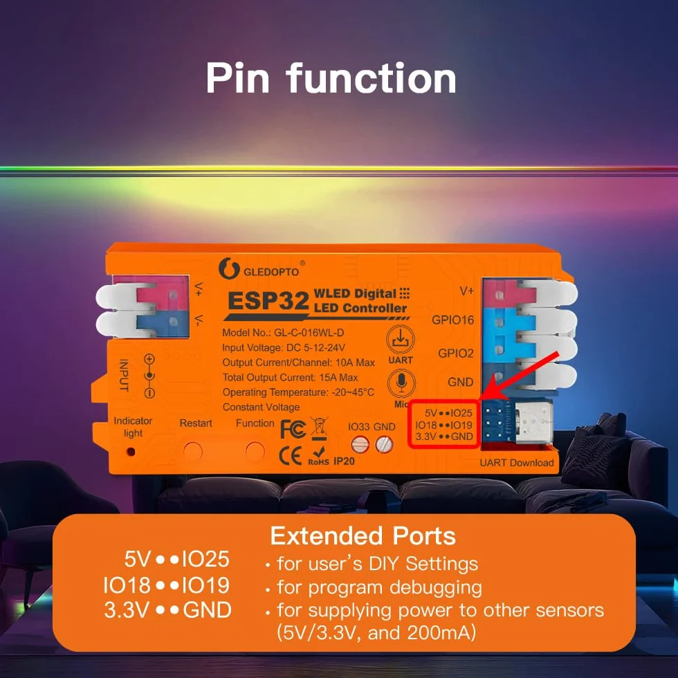 GLEDOPTO ESP32 WLED kontroler muzyczny DIY dynamiczne oświetlenie USB-C UART